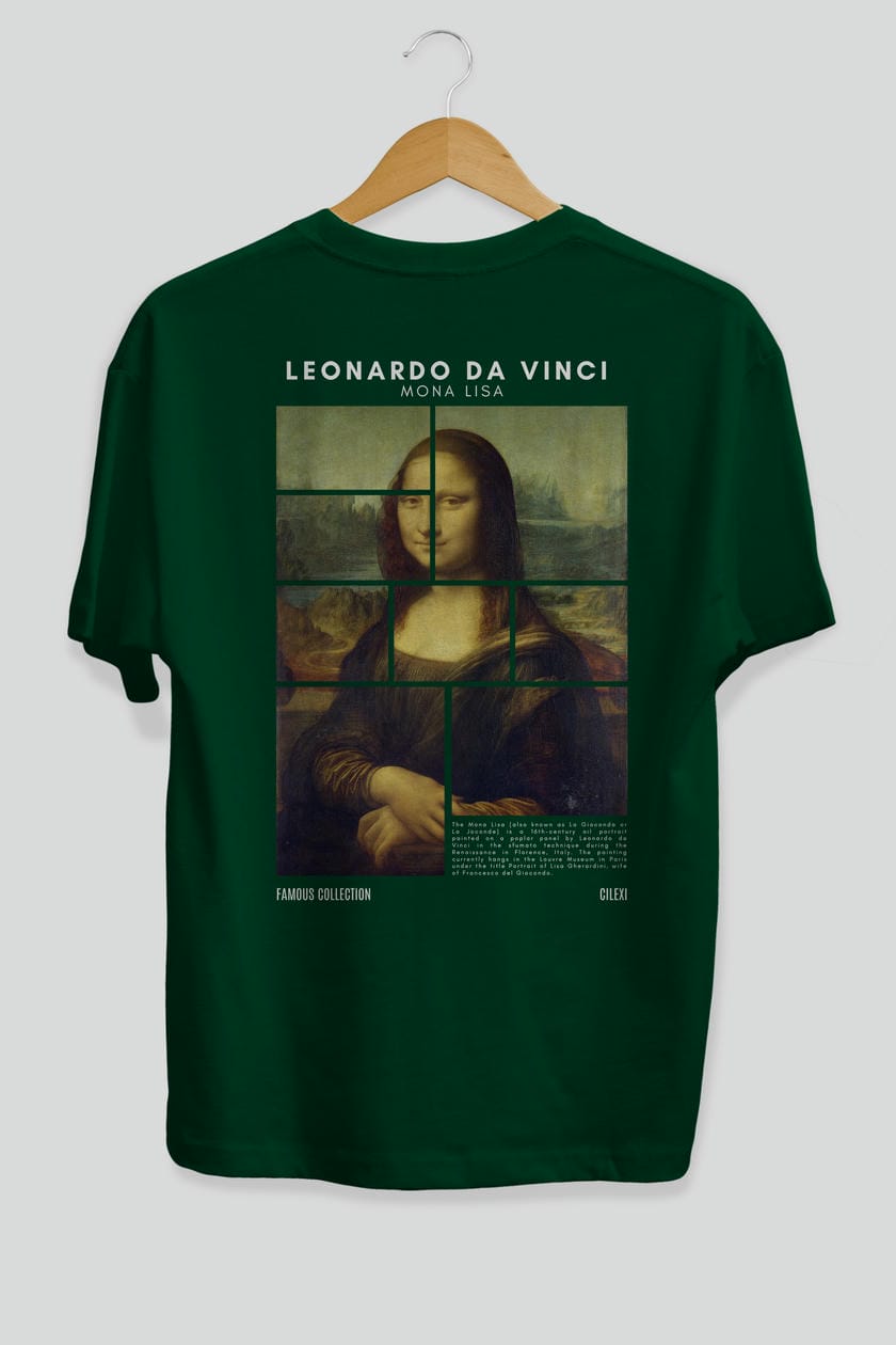 Leonardo Da Vinci Mona Lisa Arka Baskılı Oversize t-shirt Erkek Kadın Bisiklet Yaka Pamuk tişort