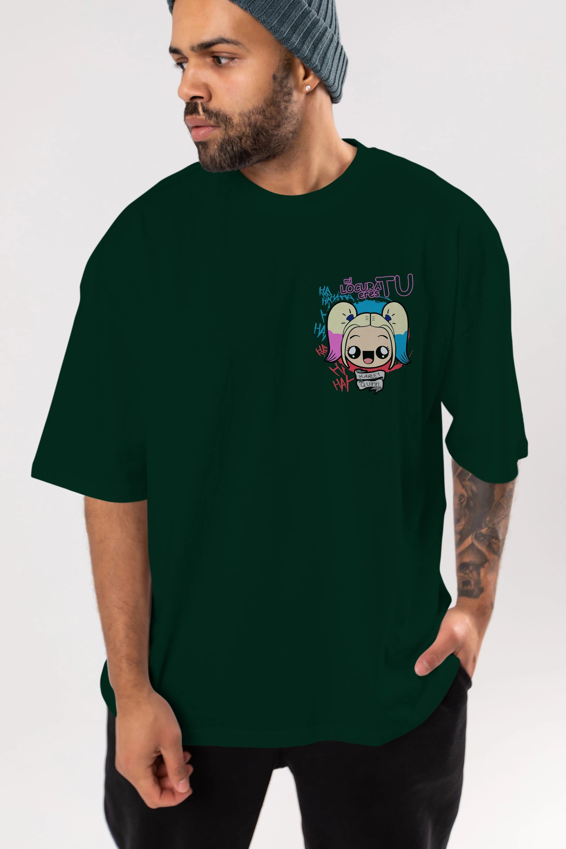 Harley Quinn Ön Sol Baskılı Oversize t-shirt Erkek Kadın Unisex %100 Pamuk Bisiklet Yaka tişort