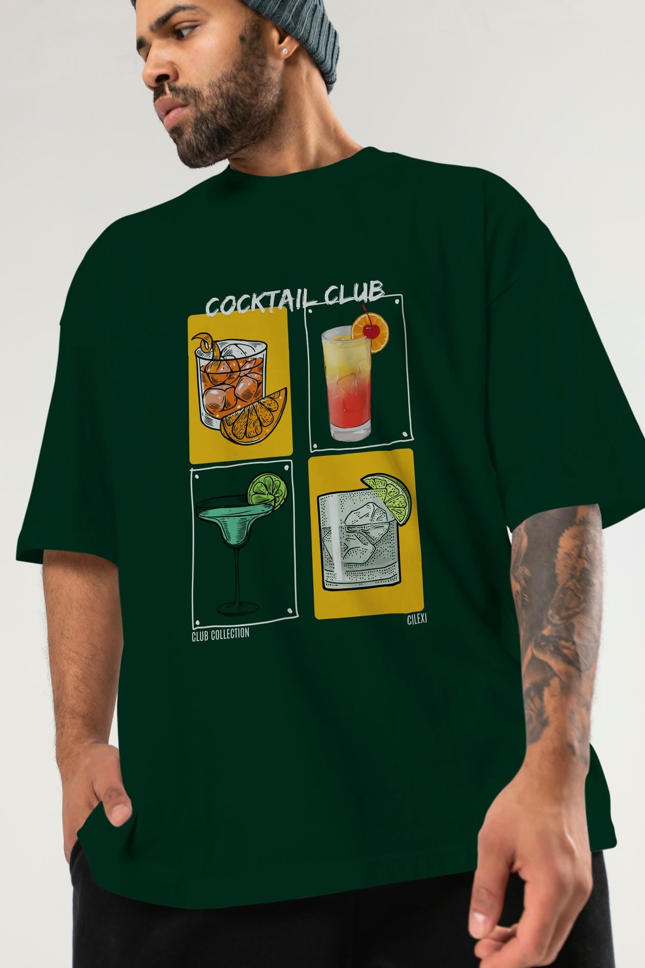 Cocktail Club ön Baskılı Oversize t-shirt Erkek Kadın %100 Pamuk Bisiklet Yaka tişort