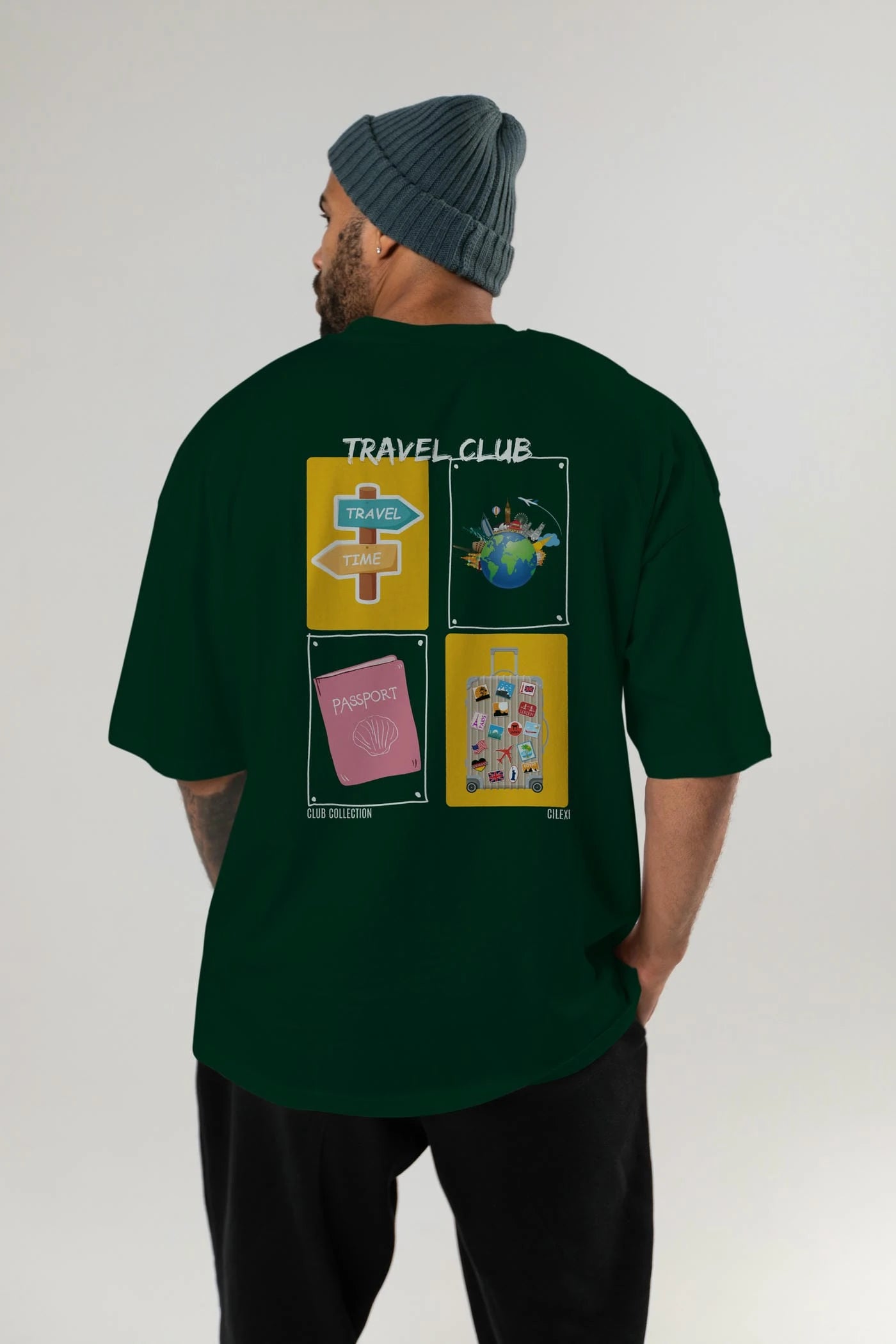Travel Club Arka Baskılı Oversize t-shirt Erkek Kadın %100 Pamuk Bisiklet Yaka tişort