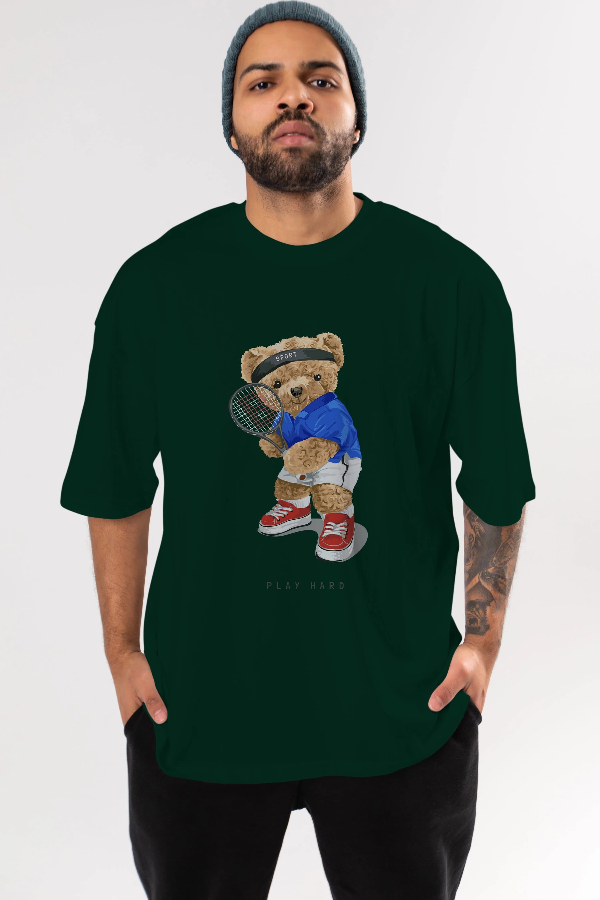 Teddy Bear Play Hard Ön Baskılı Oversize t-shirt Erkek Kadın Unisex %100 Pamuk