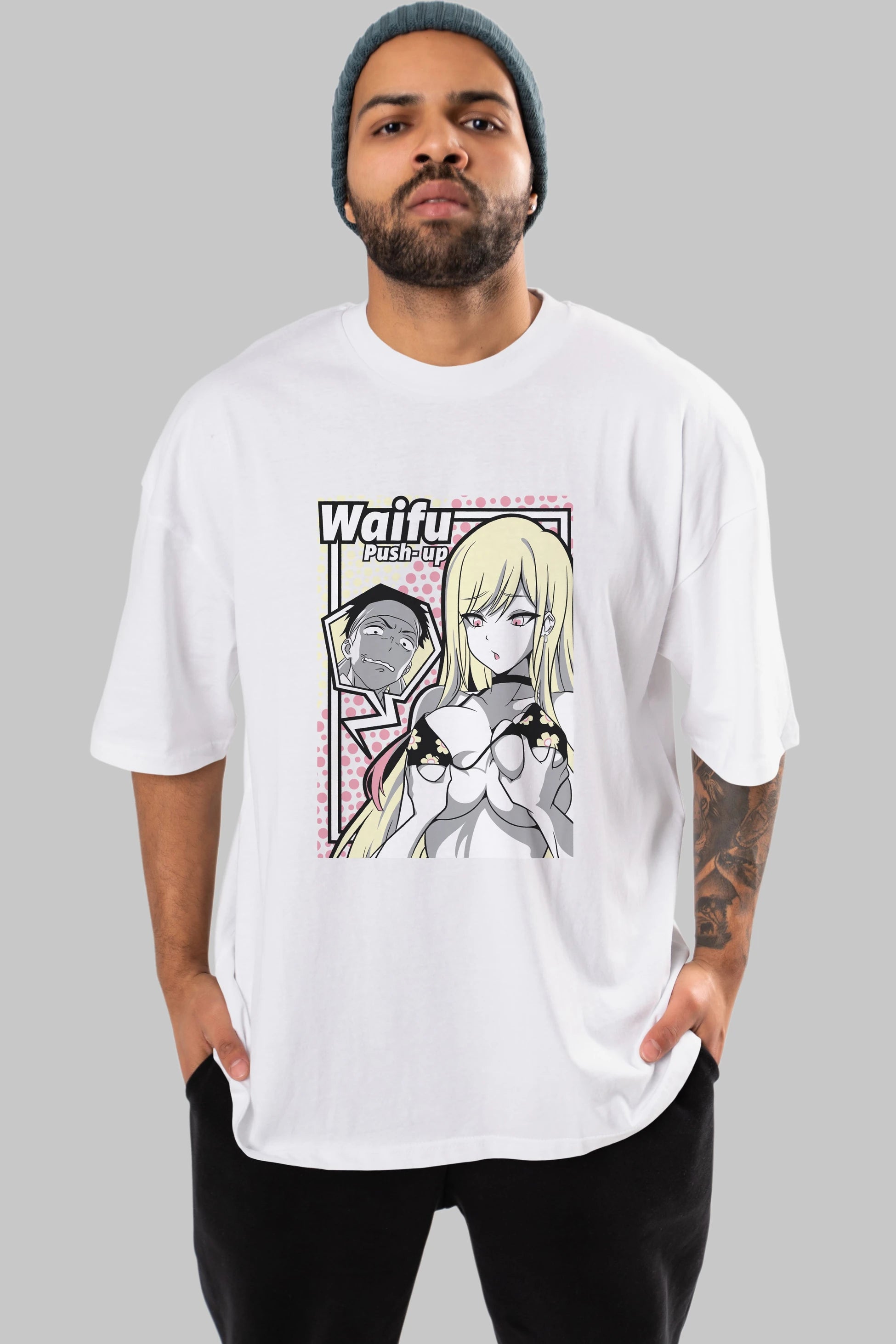 Waifu PushUp Anime Ön Baskılı Oversize t-shirt %100 pamuk Erkek Kadın Unisex