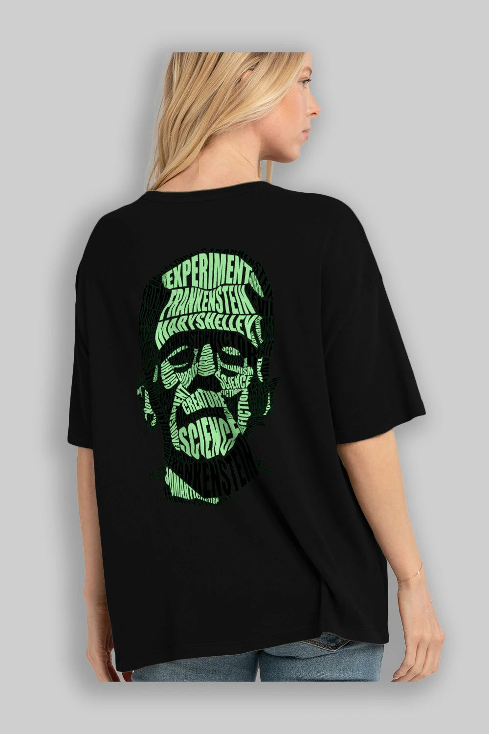Frankenstein Calligram Arka Baskılı Oversize t-shirt %100 pamuk Erkek Kadın Unisex