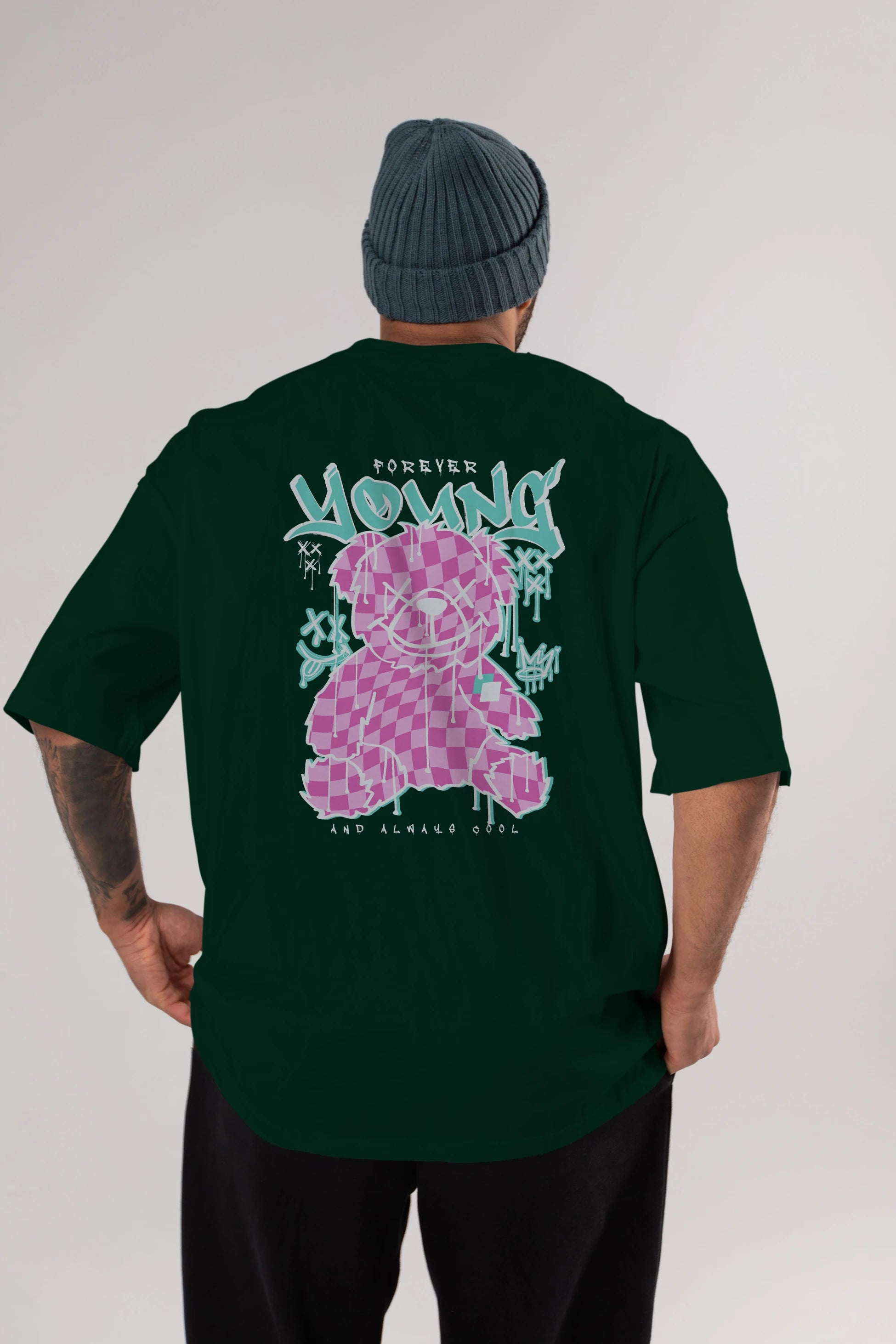 Young and Always Cool Bear Arka Baskılı Oversize t-shirt Erkek Kadın Unisex