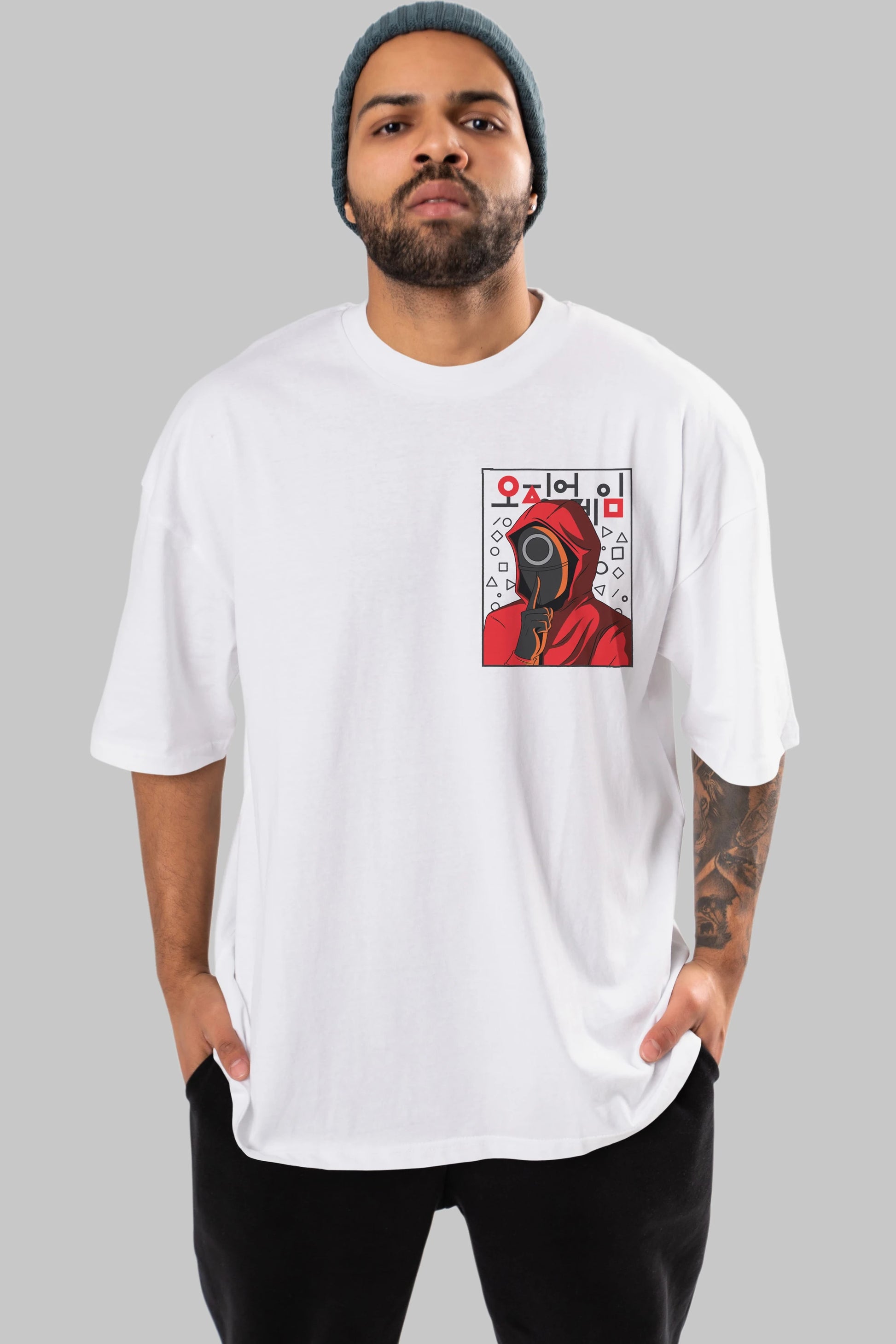 Squid Game (5) Ön Sol Baskılı Oversize t-shirt Erkek Kadın Unisex %100 Pamuk Bisiklet Yaka tişort