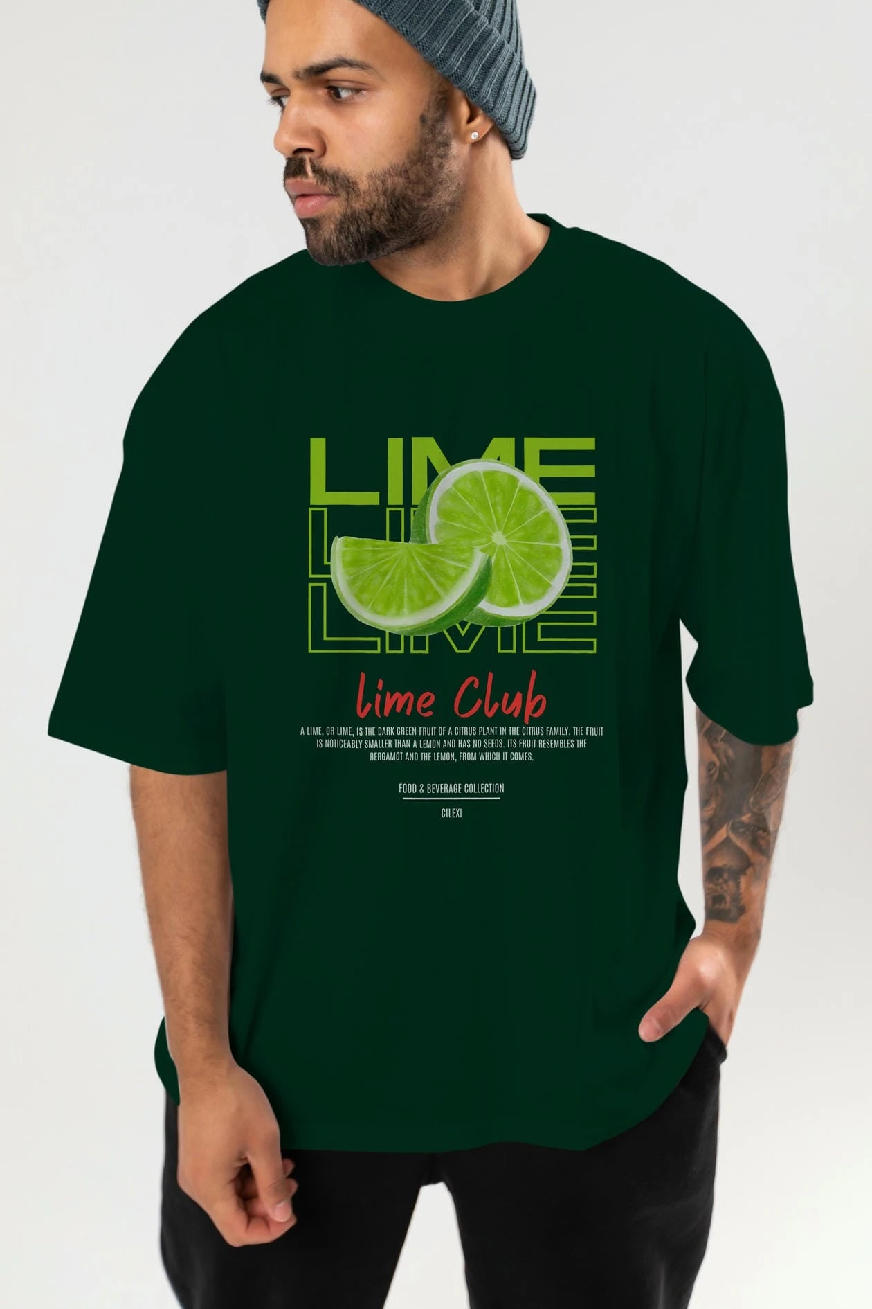 Lime Kokteyl Serisi ön Baskılı Oversize t-shirt Erkek Kadın %100 Pamuk Bisiklet Yaka tişort