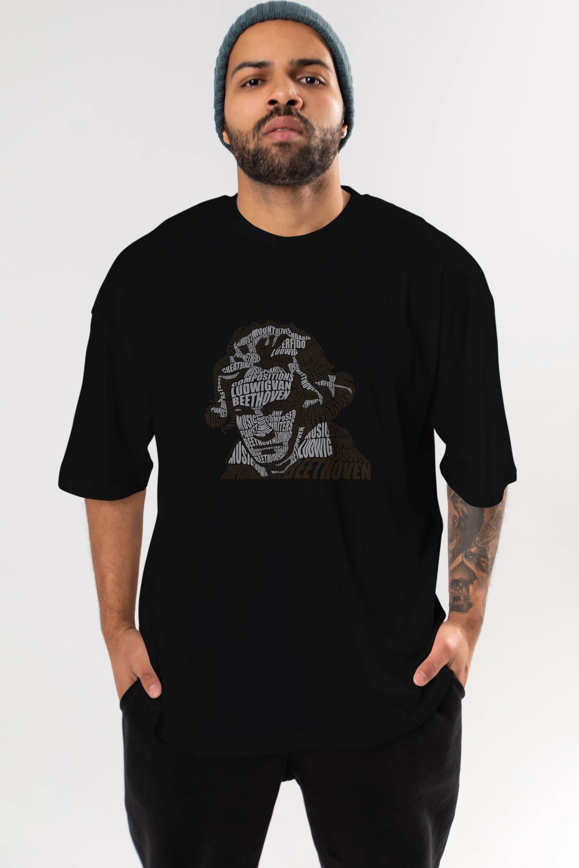Ludwig van Beethoven Calligram Ön Baskılı Oversize t-shirt %100 pamuk Erkek Kadın Unisex
