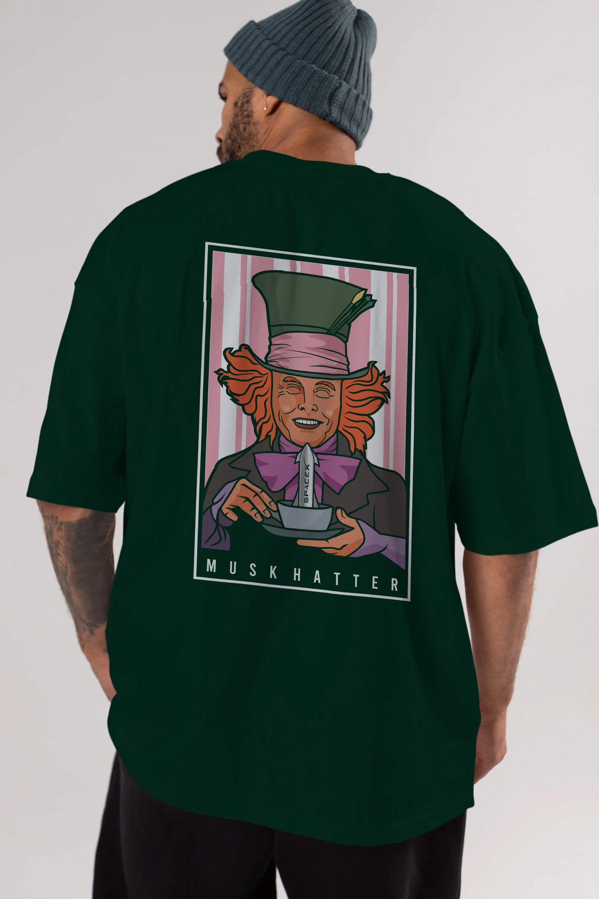 Mad Hatter Elon Musk Arka Baskılı Oversize t-shirt Erkek Kadın Unisex %100 Pamuk tişort