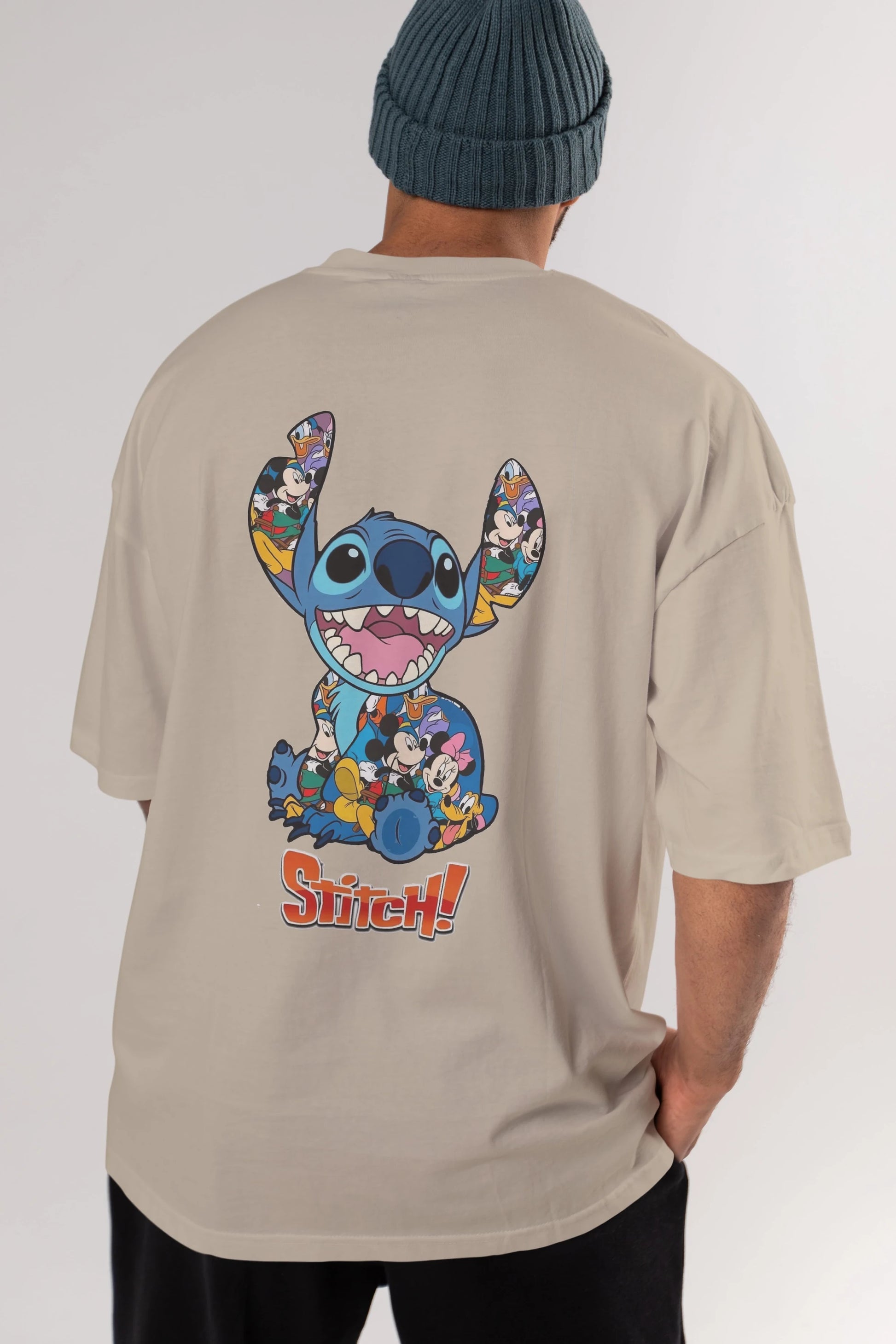 Stitch Arka Baskılı Oversize t-shirt Erkek Kadın Unisex %100 Pamuk Bisiklet Yaka tişort