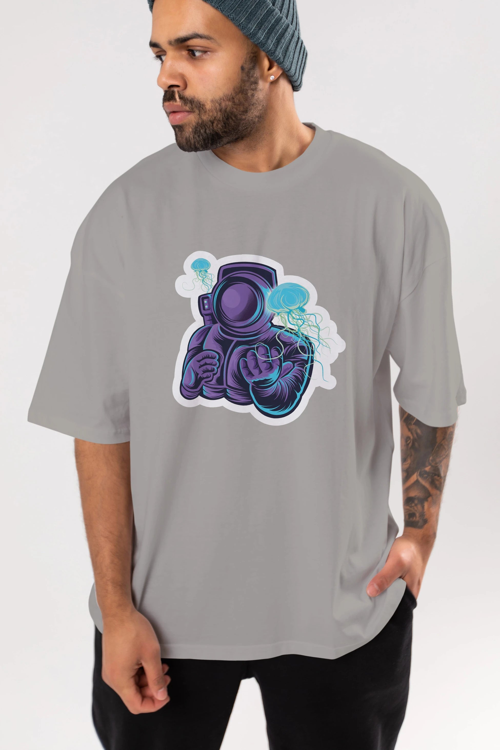 Astronaut and Jellyfish Sticker Ön Baskılı Oversize t-shirt Erkek Kadın Unisex