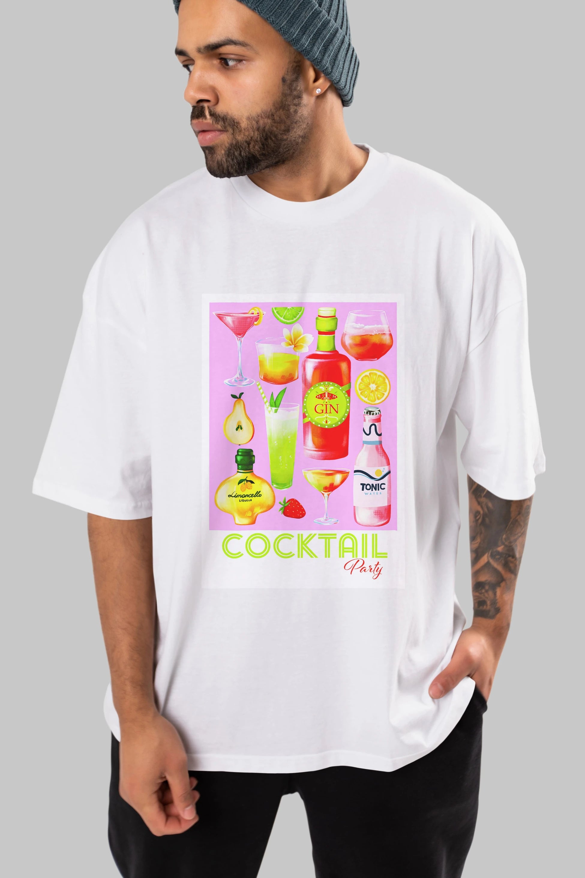 Cocktail Party Ön Baskılı Oversize t-shirt Erkek Kadın Unisex %100 Pamuk Bisiklet Yaka tişort