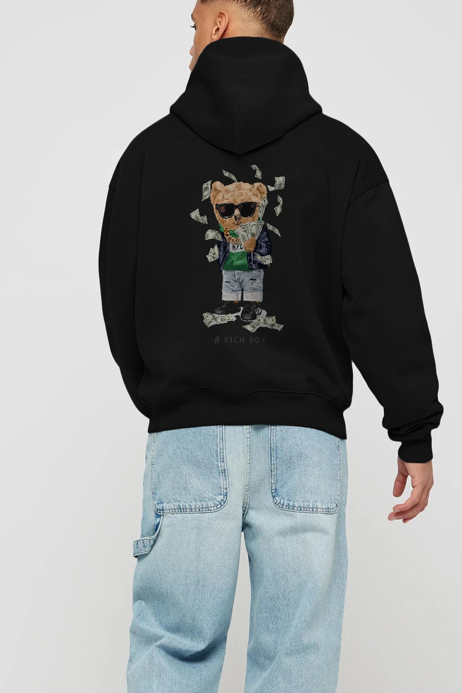 Teddy Bear Rich Boy Arka Baskılı Hoodie Oversize Kapüşonlu Sweatshirt Erkek Kadın Unisex