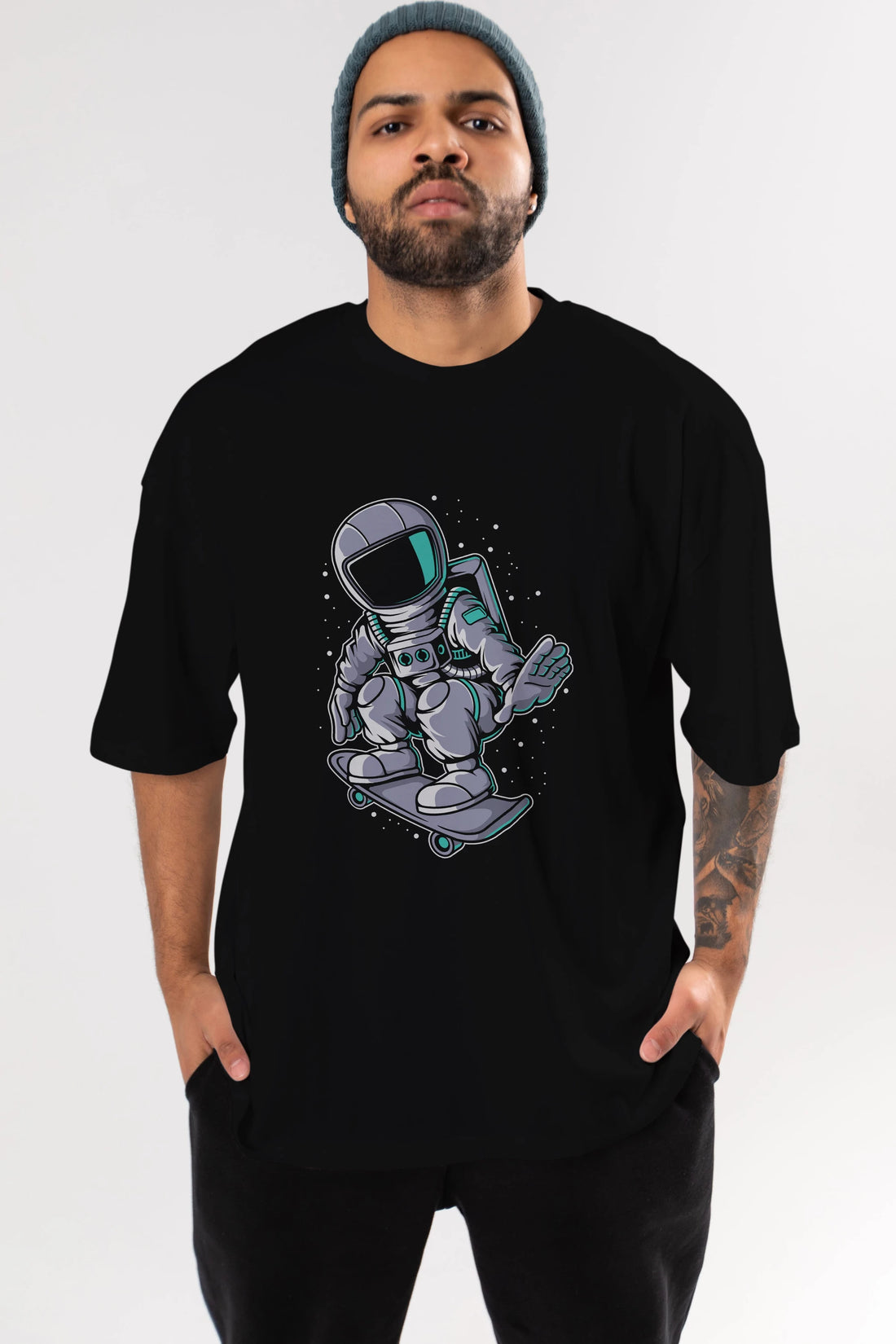 Astronaut Skater Ön Baskılı Oversize t-shirt Erkek Kadın Unisex