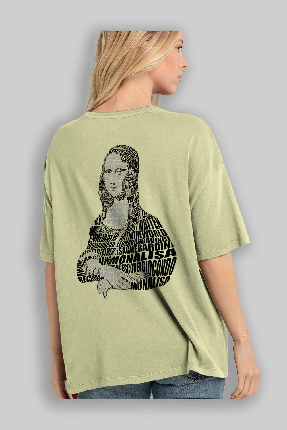 Mona Lisa Calligram Arka Baskılı Oversize t-shirt %100 pamuk Erkek Kadın Unisex