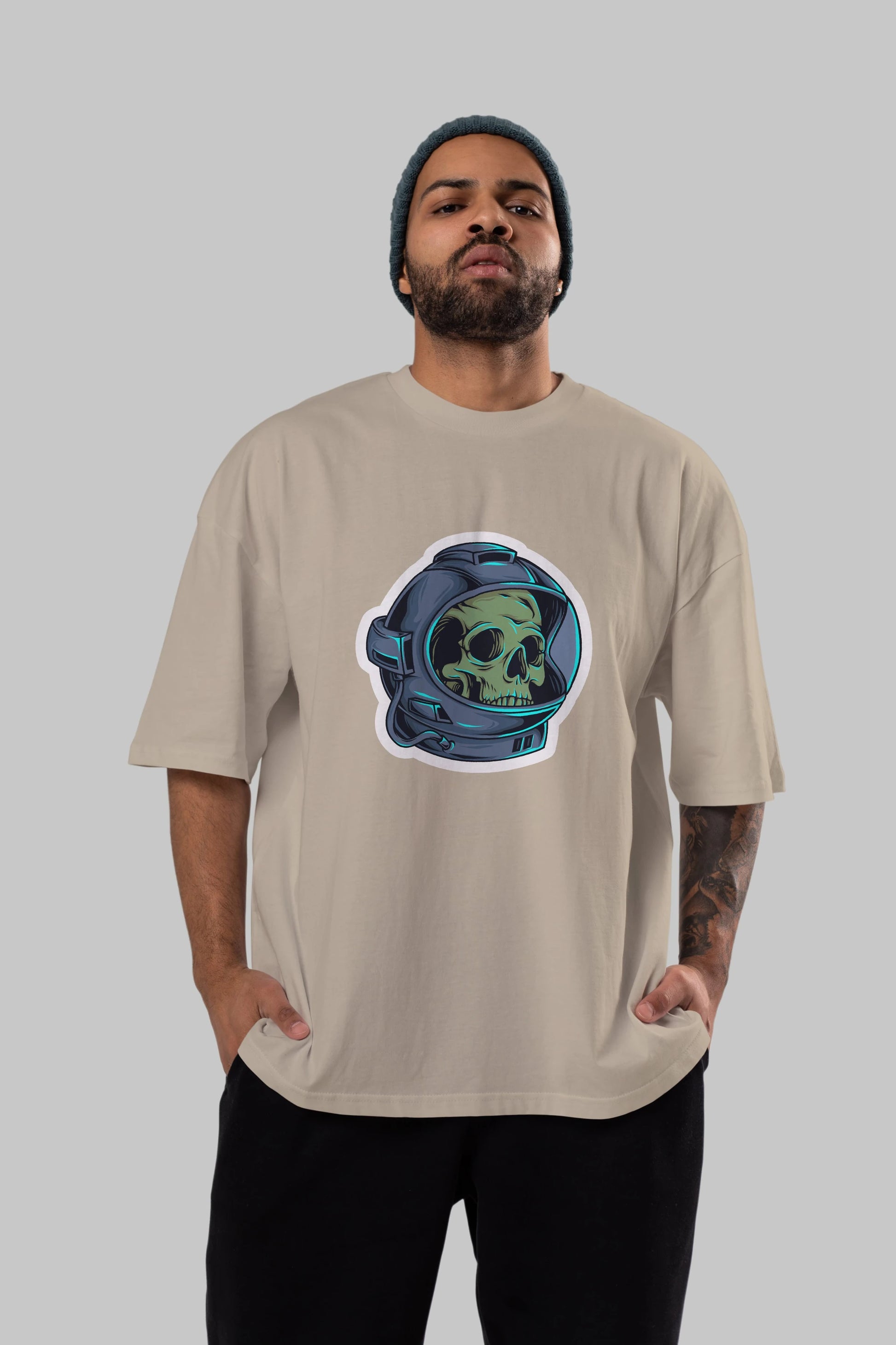 Astroskull Sticker Ön Baskılı Oversize t-shirt Erkek Kadın Unisex