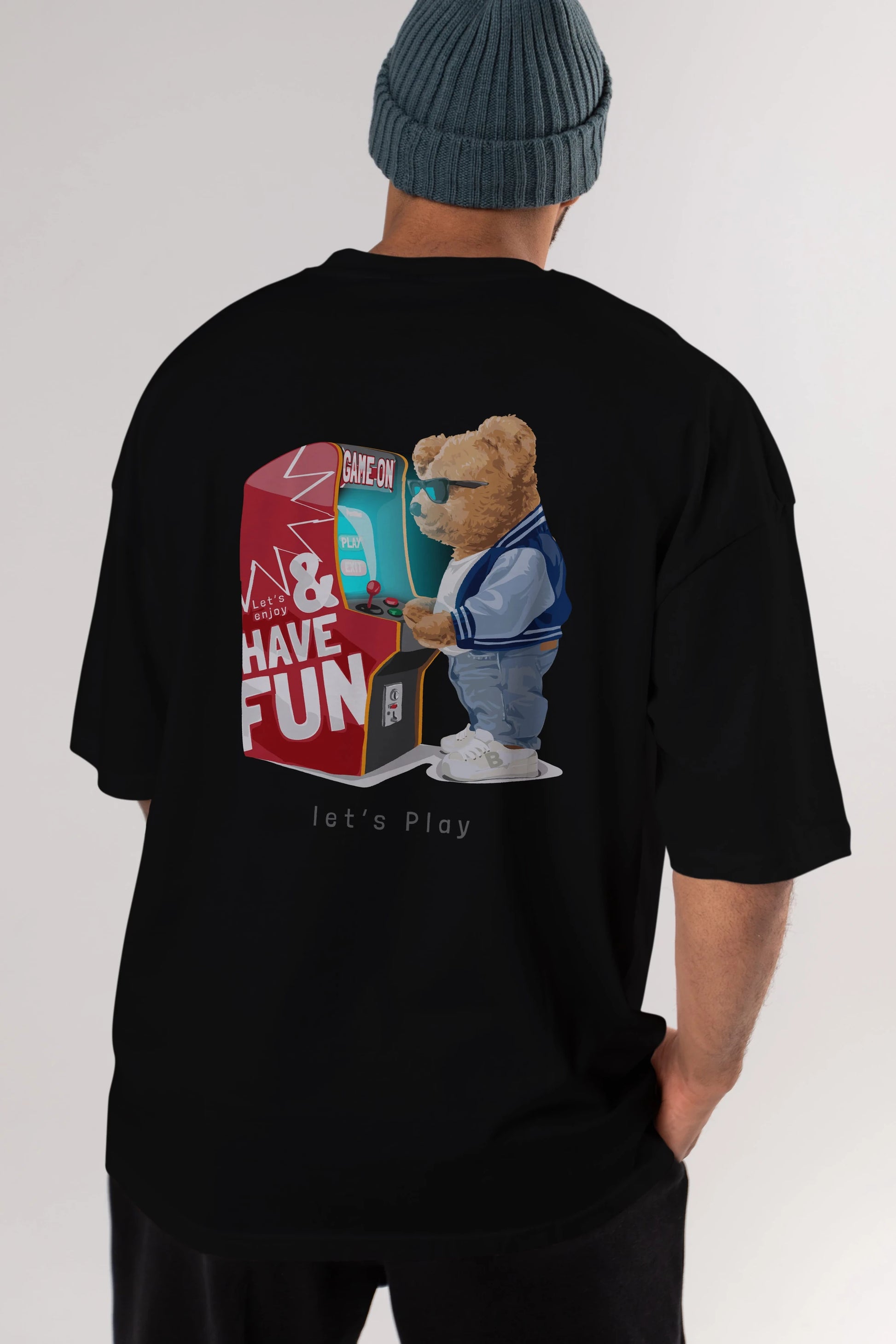 Teddy Bear Lets Play Arka Baskılı Oversize t-shirt Erkek Kadın Unisex %100 Pamuk