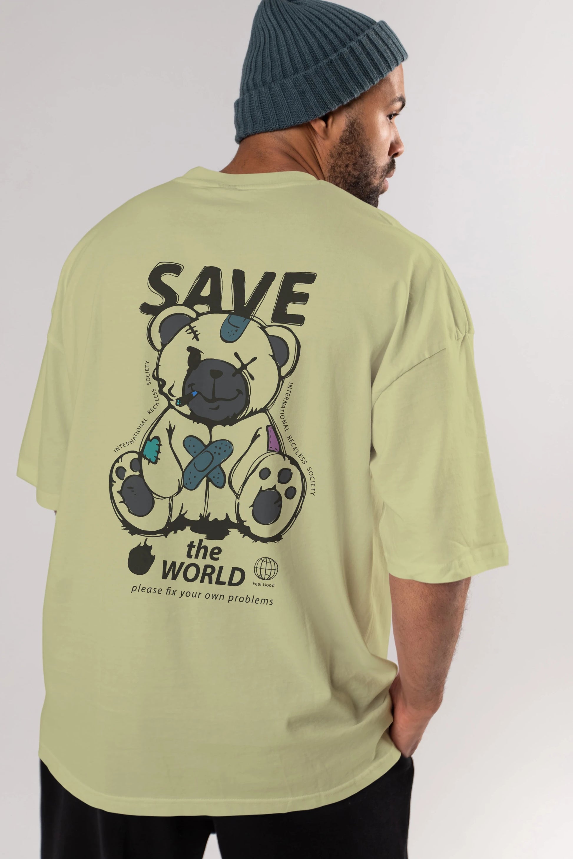 Save the World Bear Arka Baskılı Oversize t-shirt Erkek Kadın Unisex
