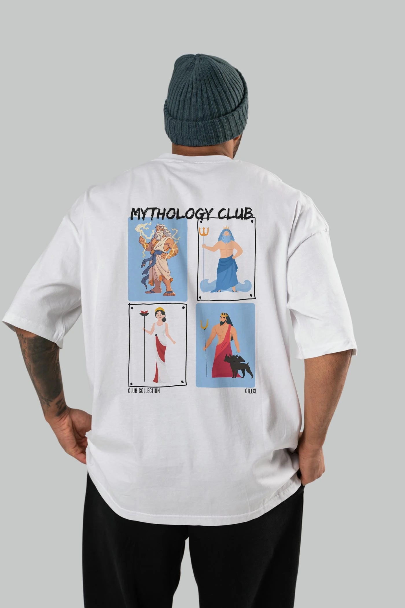 Mythology Club 2 Arka Baskılı Oversize t-shirt Erkek Kadın %100 Pamuk Bisiklet Yaka tişort