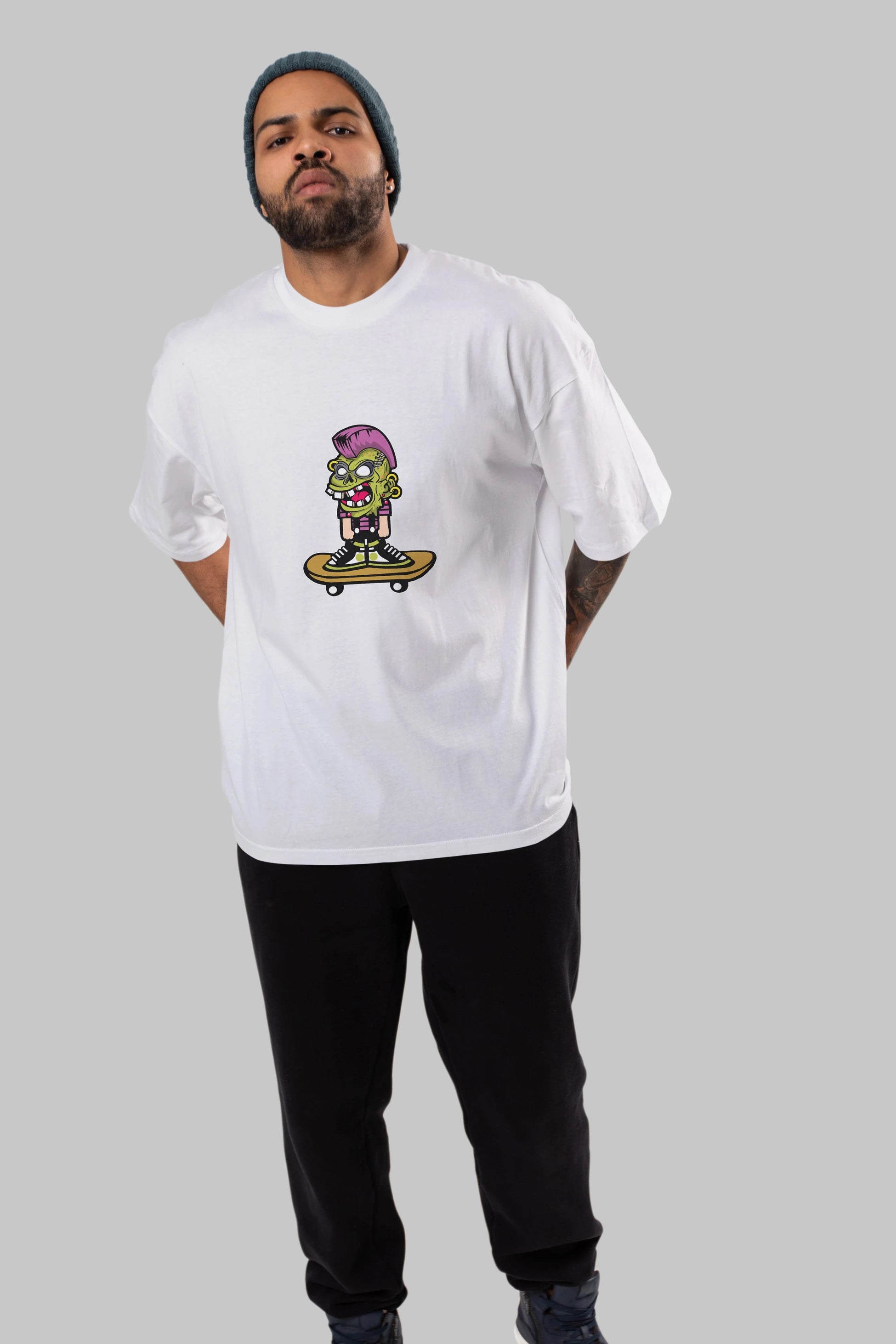 Zombie Punk Skater Ön Baskılı Oversize t-shirt Erkek Kadın Unisex %100 Pamuk tişort