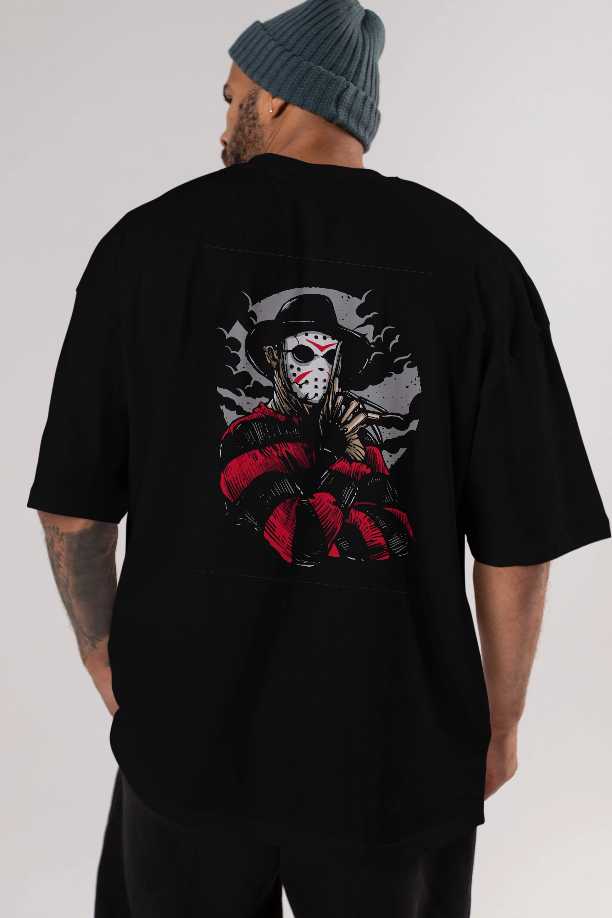 Freddy VS Jason (2) Arka Baskılı Oversize t-shirt Erkek Kadın Unisex %100 Pamuk