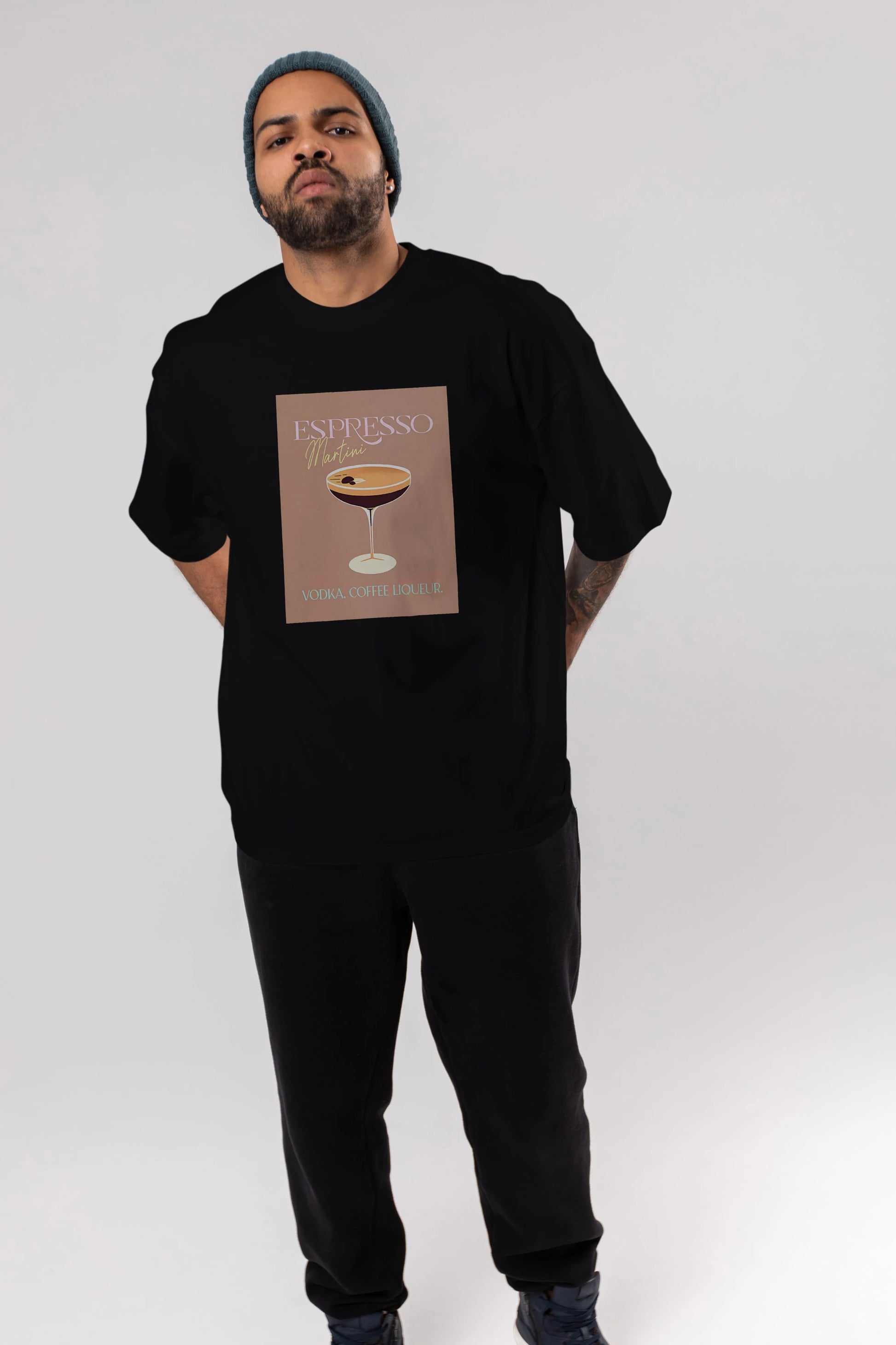 Espresso Martini Cocktail Ön Baskılı Oversize t-shirt Erkek Kadın Unisex %100 Pamuk Bisiklet Yaka tişort
