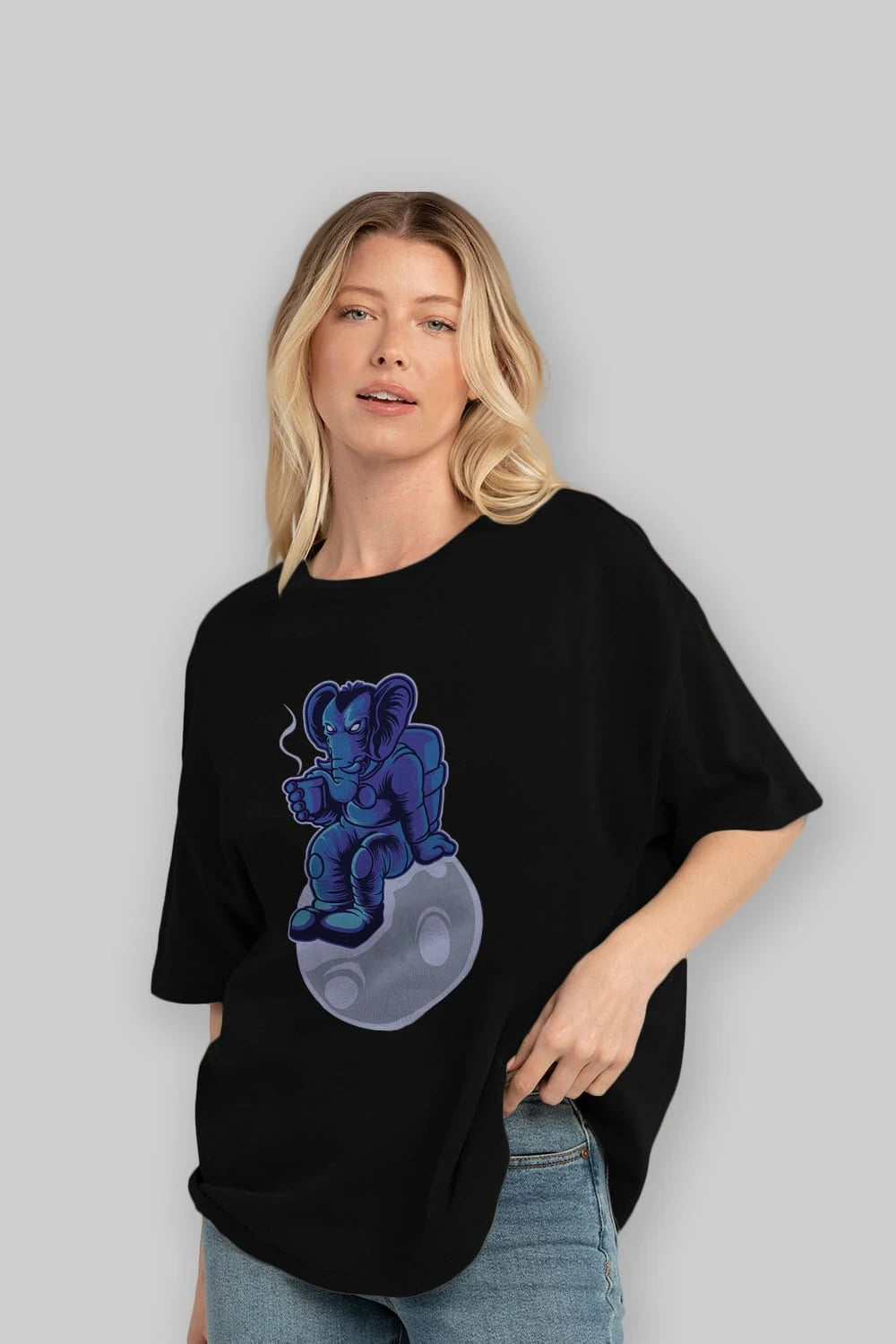 Space Elephant Drink Coffee Ön Baskılı Oversize t-shirt Erkek Kadın Unisex