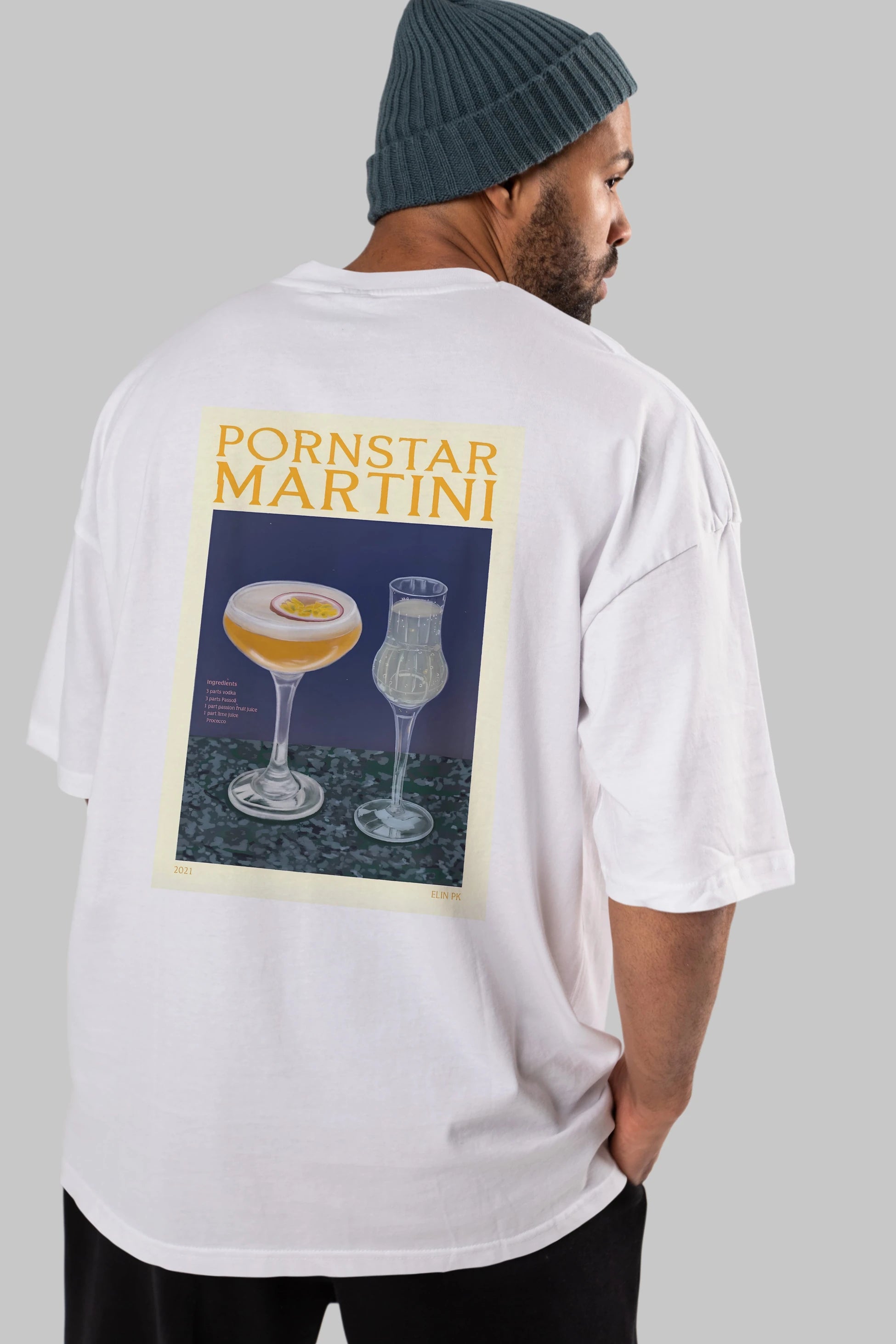 P.rnstar Martini Arka Baskılı Oversize t-shirt Erkek Kadın Unisex %100 Pamuk Bisiklet Yaka tişort