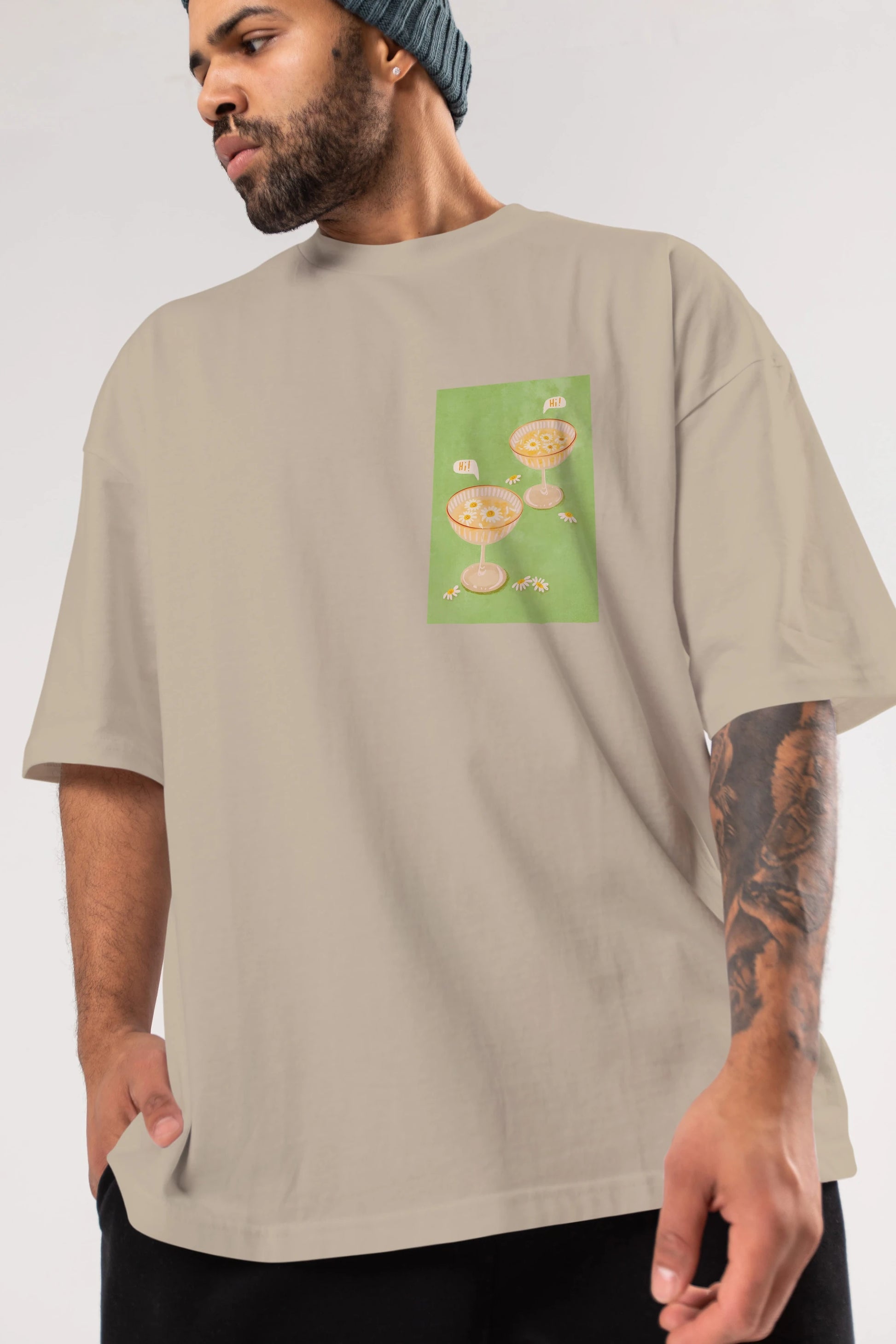 Hi Cheers Ön Sol Baskılı Oversize t-shirt Erkek Kadın Unisex %100 Pamuk Bisiklet Yaka tişort