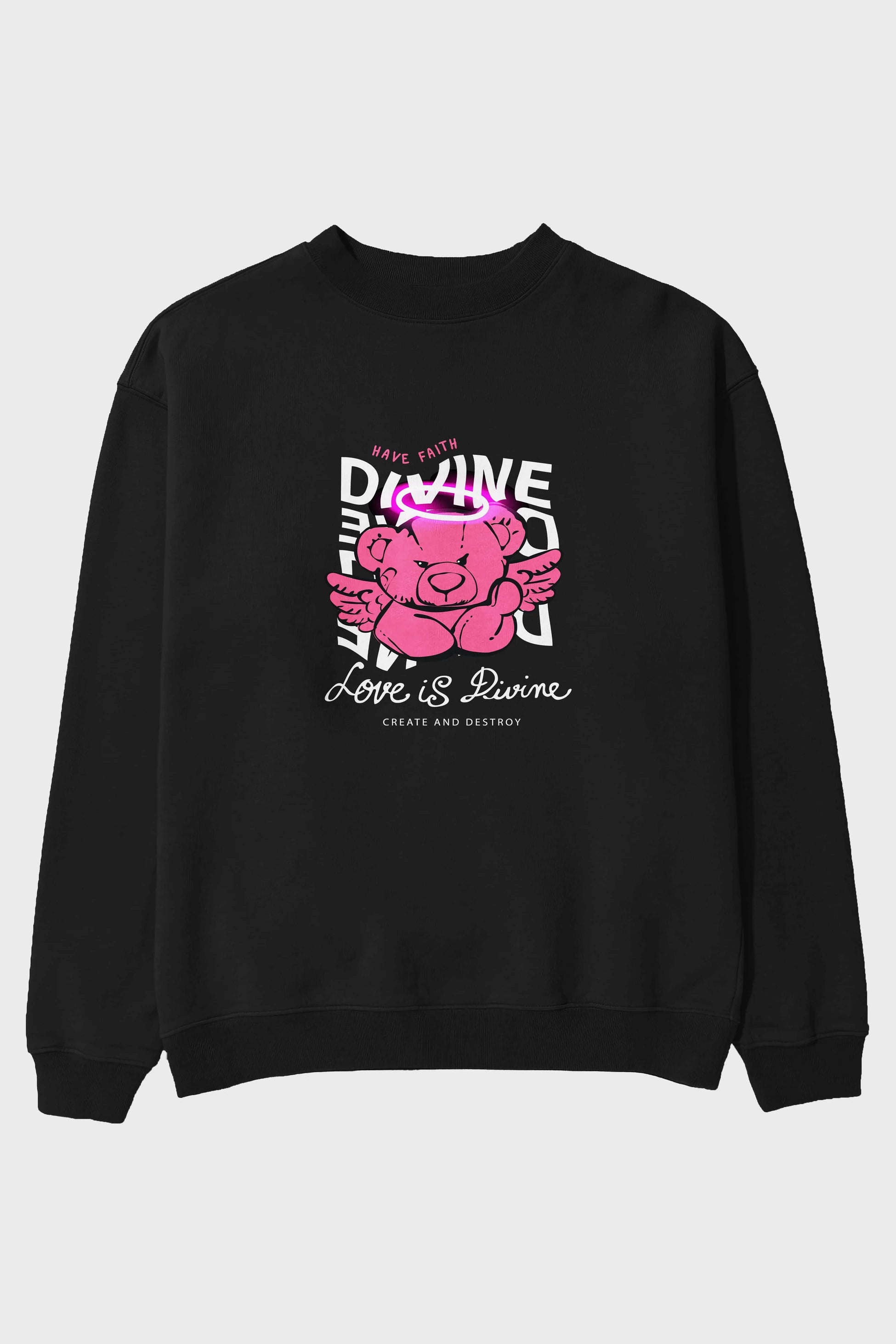 Love is Divine Bear Ön Baskılı Oversize Sweatshirt Erkek Kadın Unisex