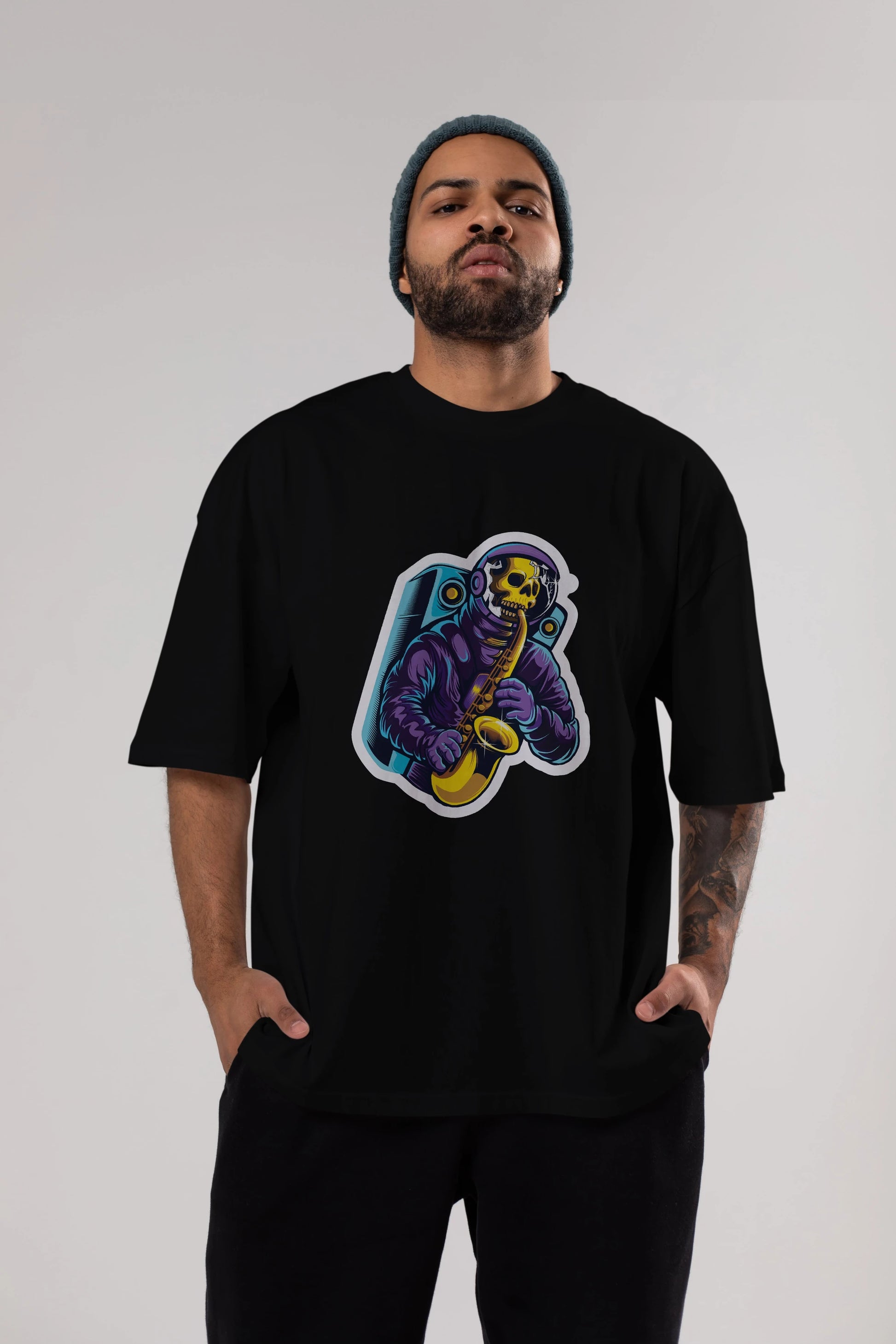 Astroskull Saxophonist Sticker Ön Baskılı Oversize t-shirt Erkek Kadın Unisex
