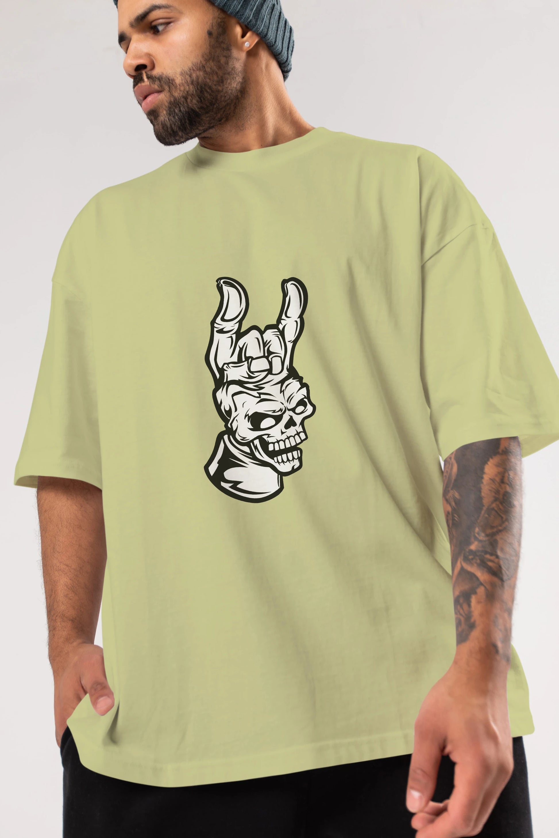 Hand Metal Skull Ön Baskılı Oversize t-shirt Erkek Kadın Unisex %100 Pamuk tişort
