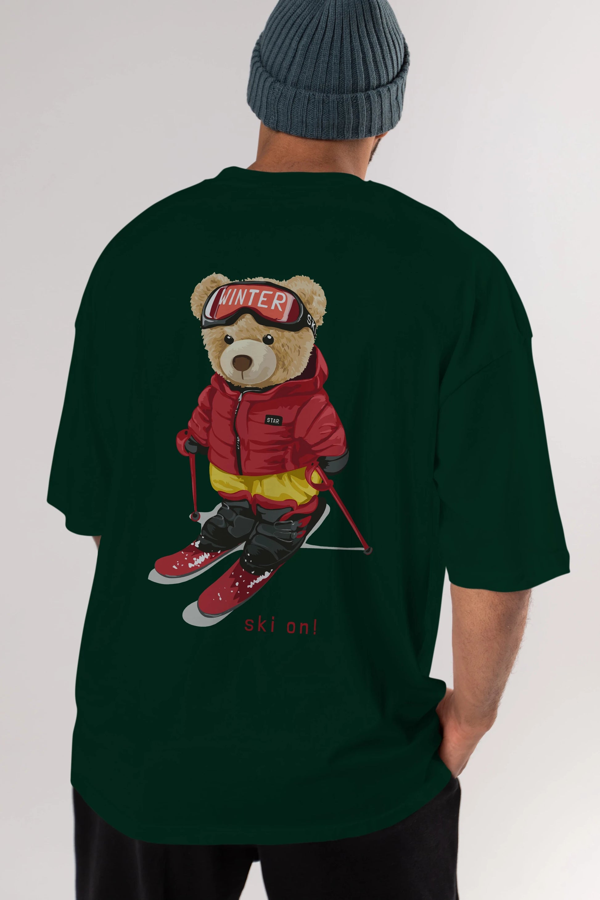 Teddy Bear Ski On Arka Baskılı Oversize t-shirt Erkek Kadın Unisex %100 Pamuk