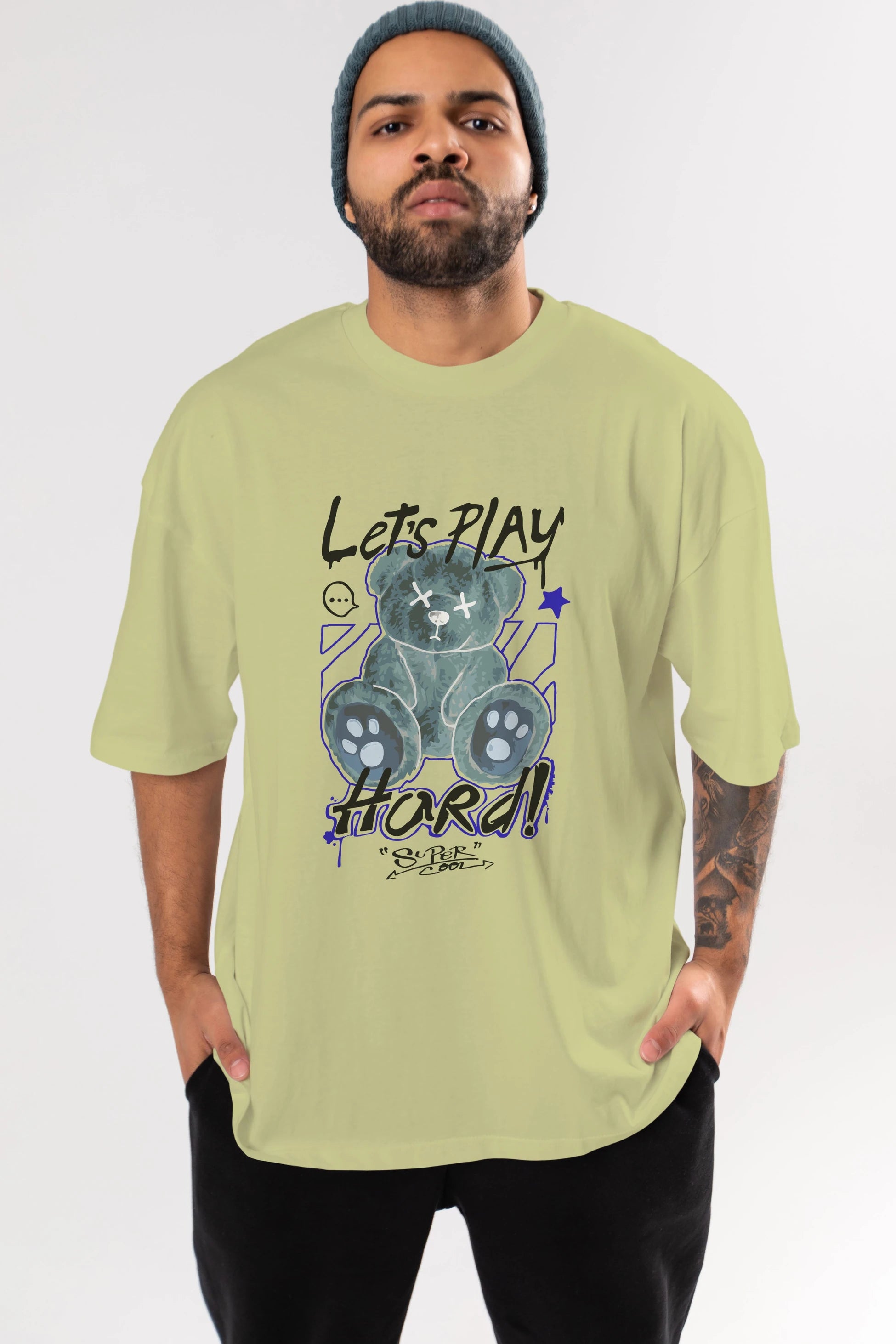 Lets Play Hard Bear Ön Baskılı Oversize t-shirt Erkek Kadın Unisex