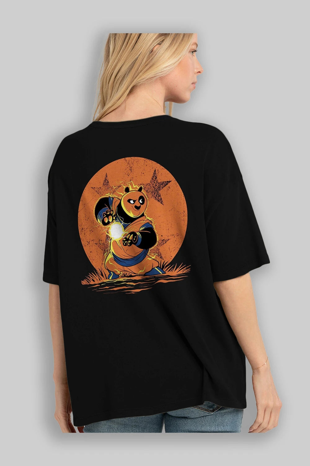 Kung Fu Panda Arka Baskılı Oversize t-shirt Erkek Kadın Unisex %100 Pamuk Bisiklet Yaka tişort