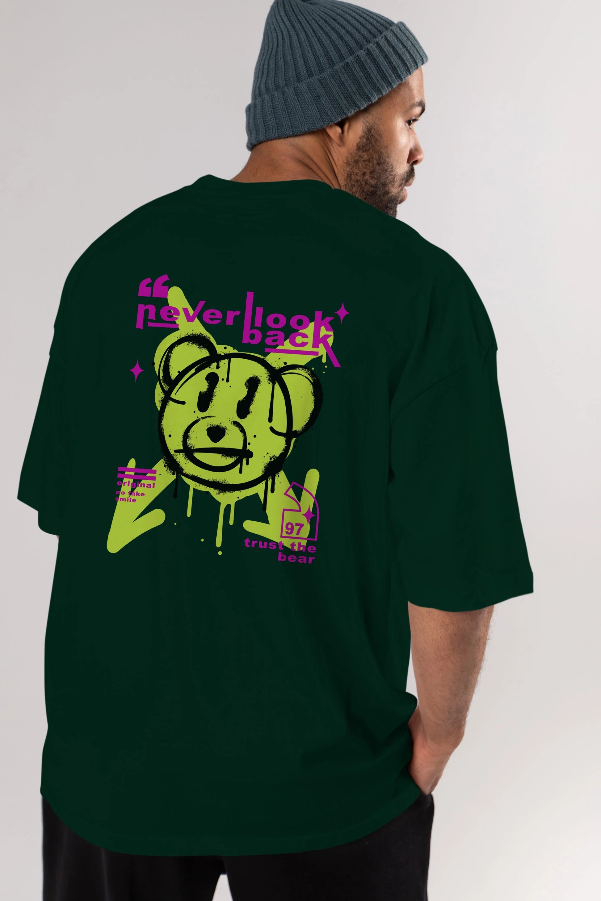 Never Look Back Bear Arka Baskılı Oversize t-shirt Erkek Kadın Unisex