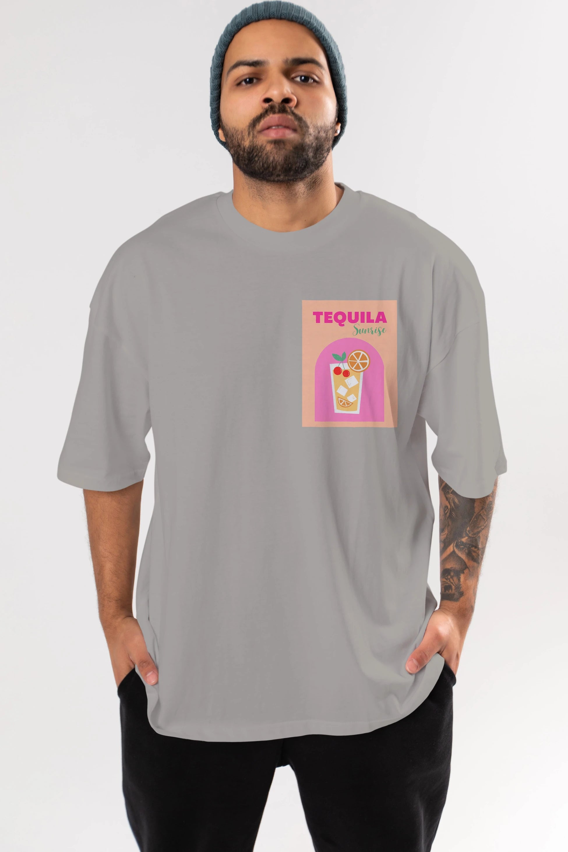 Tequila Sunrise 2 Ön Sol Baskılı Oversize t-shirt Erkek Kadın Unisex %100 Pamuk Bisiklet Yaka tişort