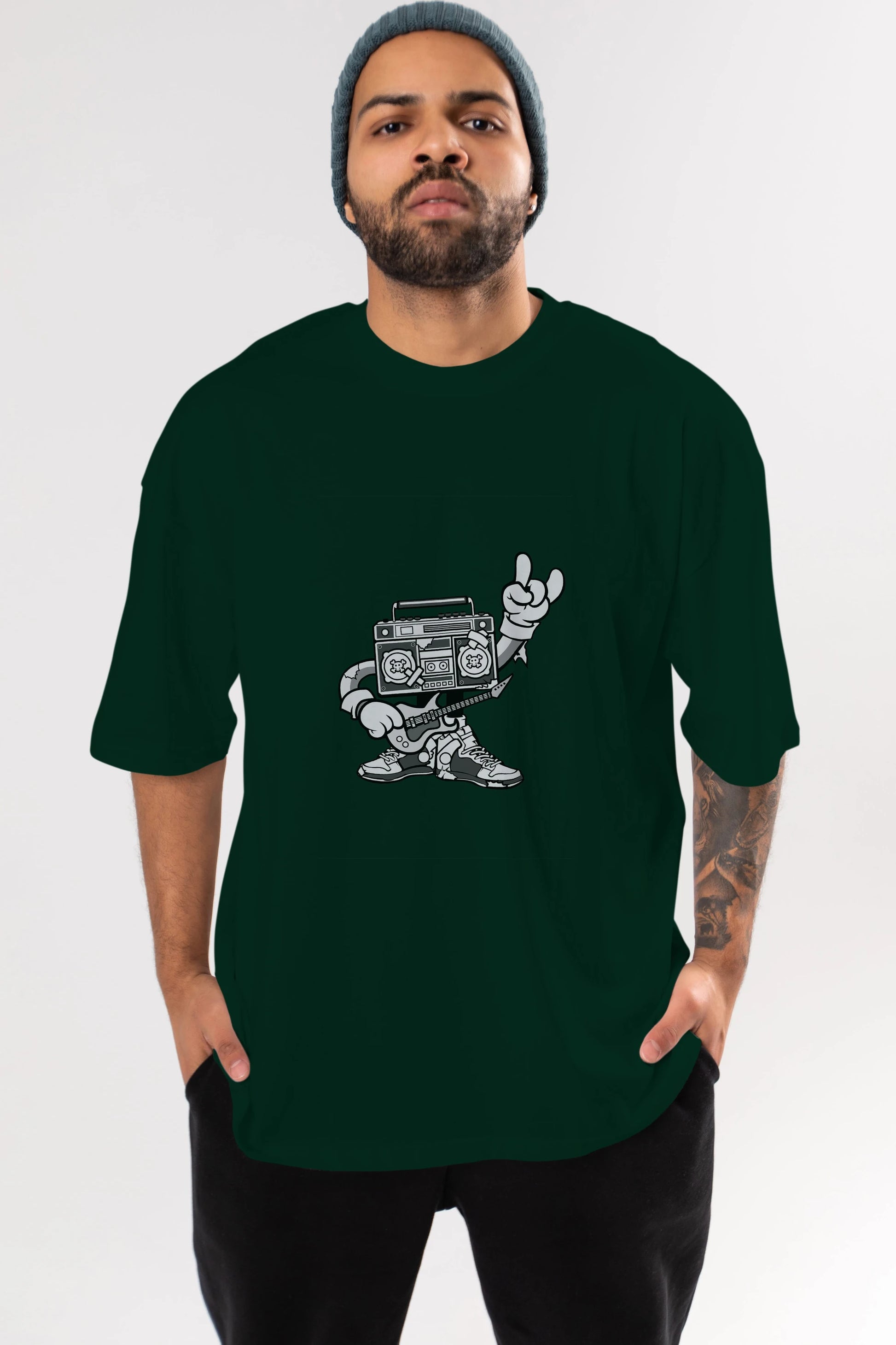 Boombox Rockstar Ön Baskılı Oversize t-shirt Erkek Kadın Unisex %100 Pamuk tişort