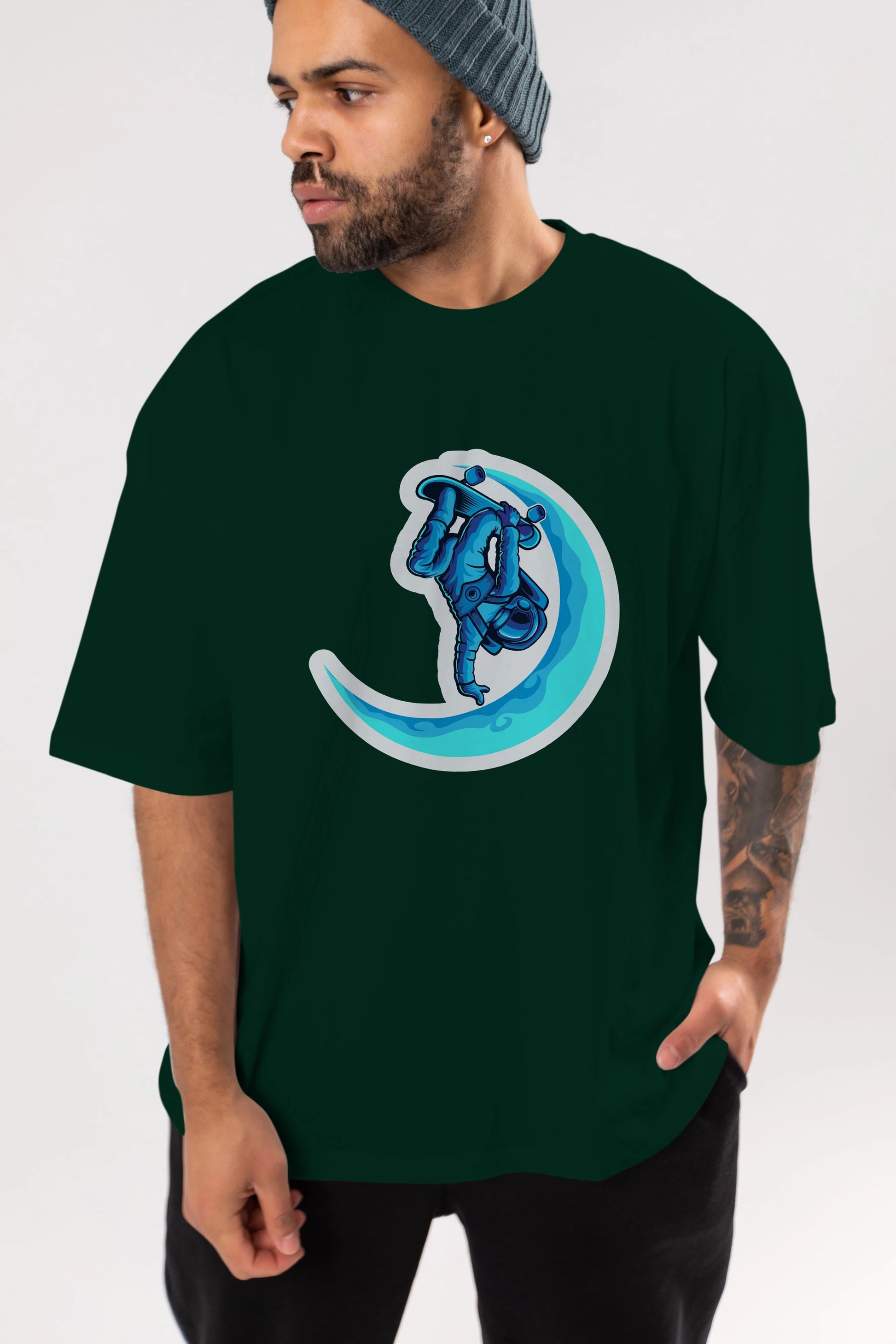 Skating on the moon sticker Ön Baskılı Oversize t-shirt Erkek Kadın Unisex