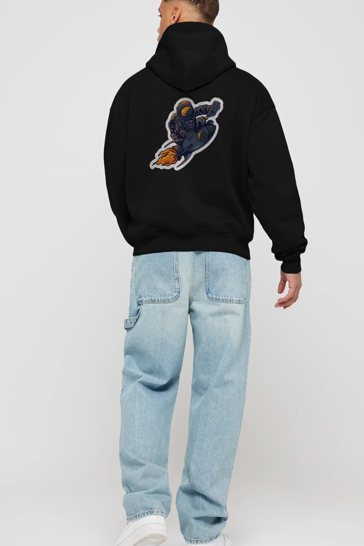 Astrocket Illustration Sticker Arka Baskılı Hoodie Oversize Kapüşonlu Sweatshirt Erkek Kadın Unisex