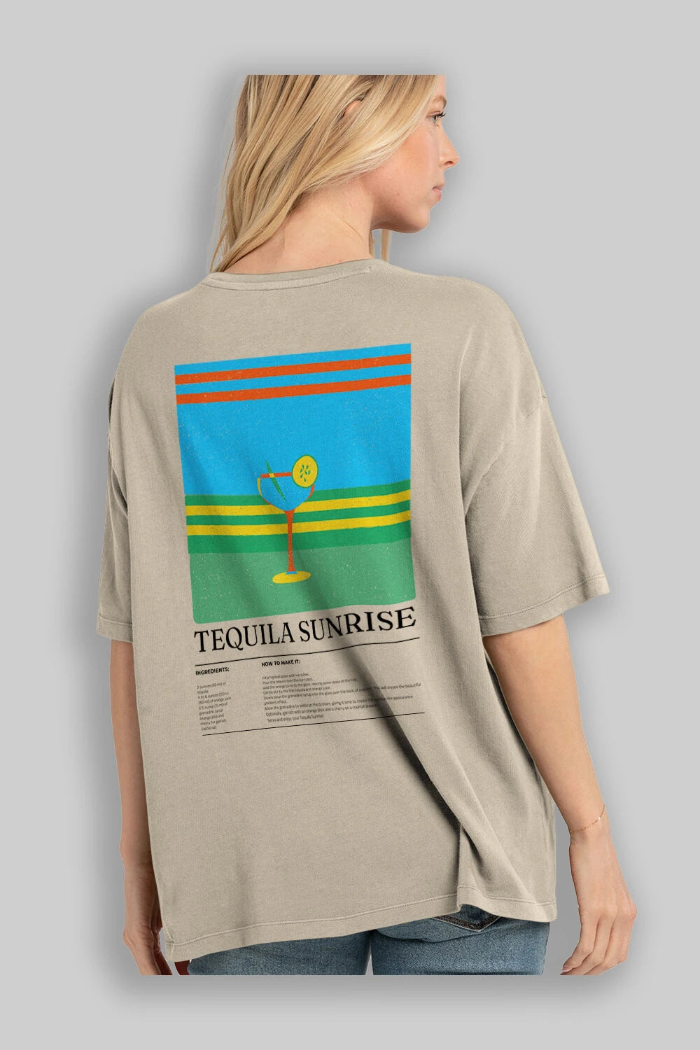 Tequila Sunrise Kokteyl Serisi Arka Baskılı Oversize t-shirt Erkek Kadın %100 Pamuk Bisiklet Yaka tişort