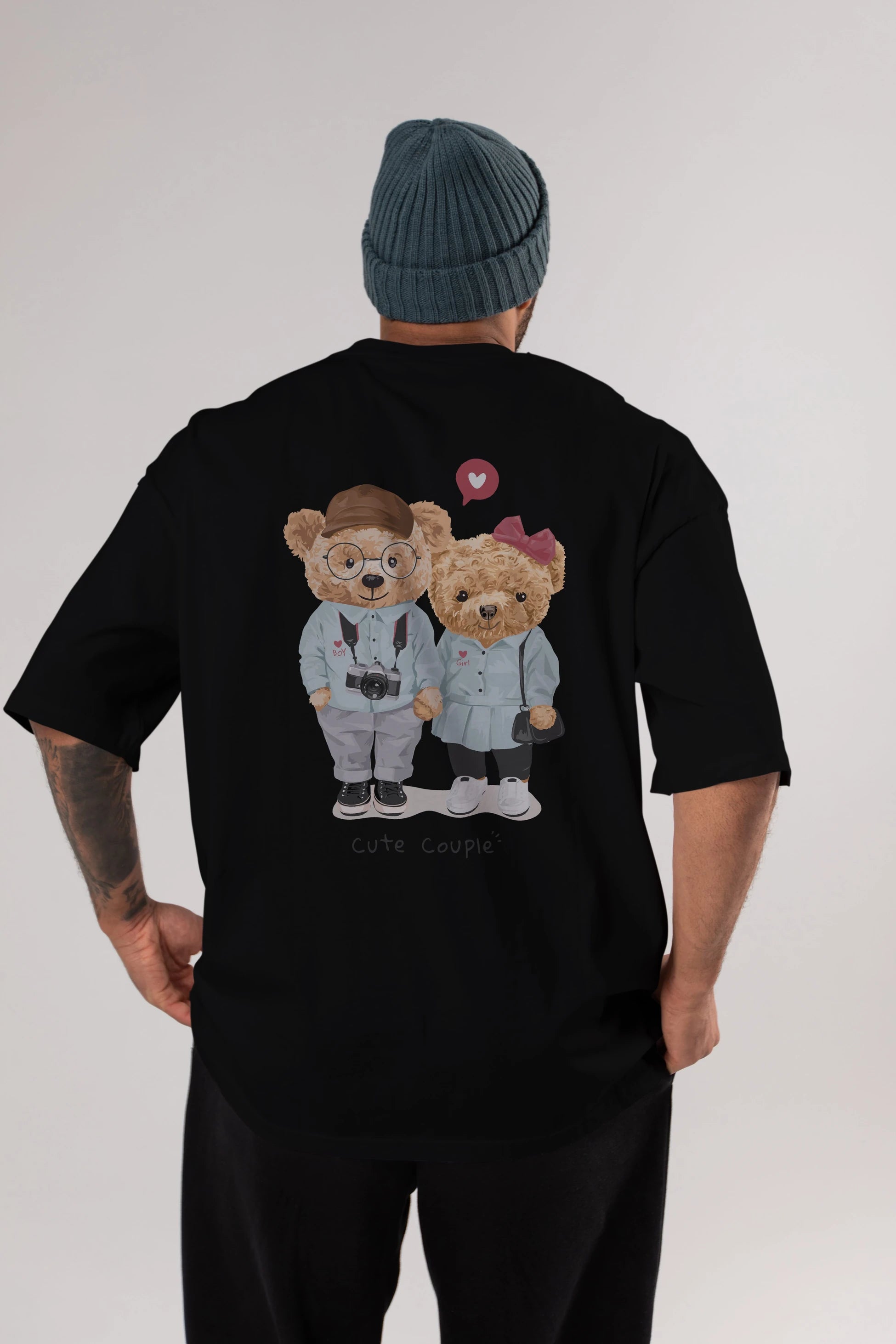 Teddy Bear Cute Couple Arka Baskılı Oversize t-shirt Erkek Kadın Unisex %100 Pamuk