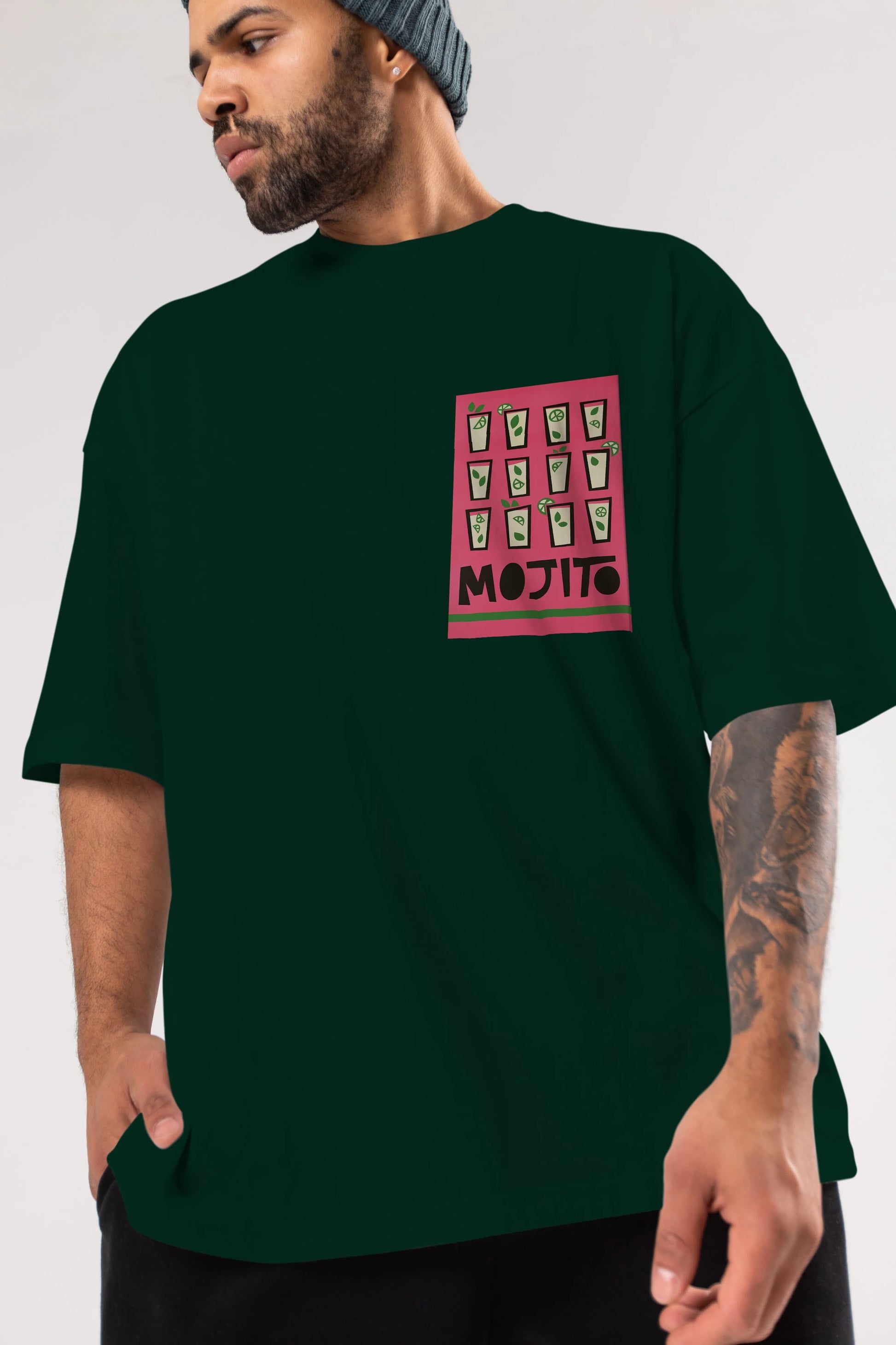 Mojito Ön Sol Baskılı Oversize t-shirt Erkek Kadın Unisex %100 Pamuk Bisiklet Yaka tişort