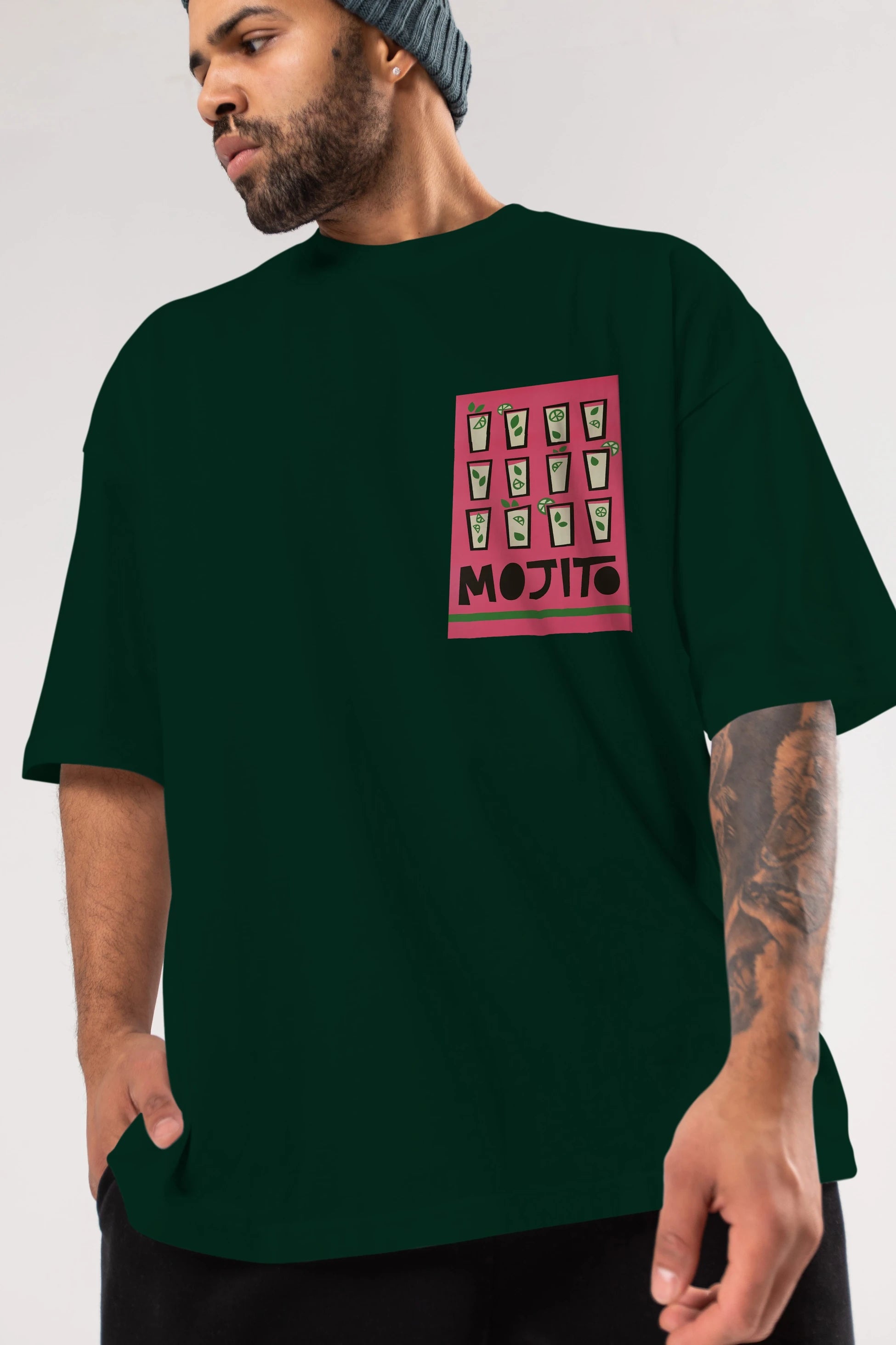 Mojito Ön Sol Baskılı Oversize t-shirt Erkek Kadın Unisex %100 Pamuk Bisiklet Yaka tişort