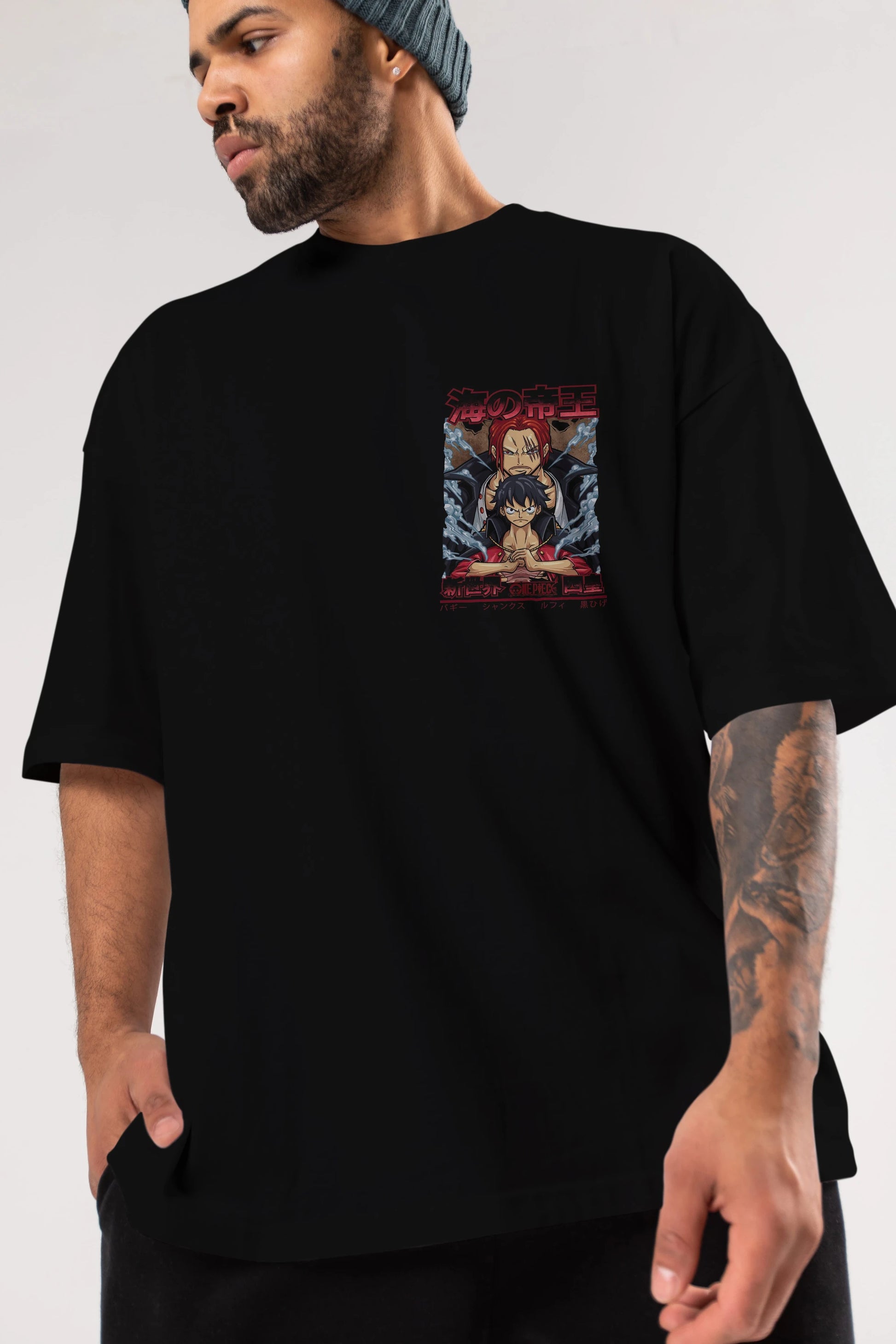 MONKEY D. LUFF and SHANKS Ön Sol Baskılı Oversize t-shirt Erkek Kadın Unisex %100 Pamuk Bisiklet Yaka tişort