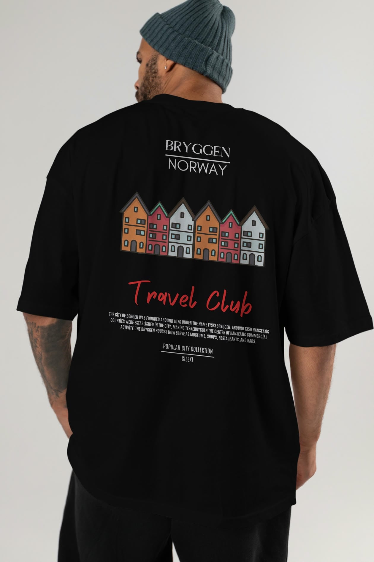 Bryggen Norway Arka Baskılı Oversize t-shirt Erkek Kadın Pamuk Bisiklet Yaka tişort