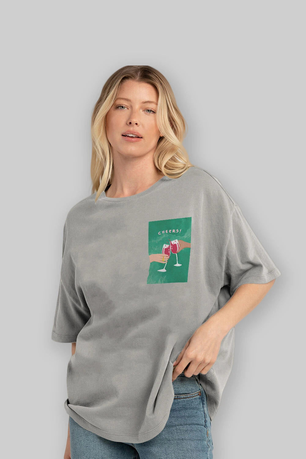 Cheers Ön Sol Baskılı Oversize t-shirt Erkek Kadın Unisex %100 Pamuk Bisiklet Yaka tişort