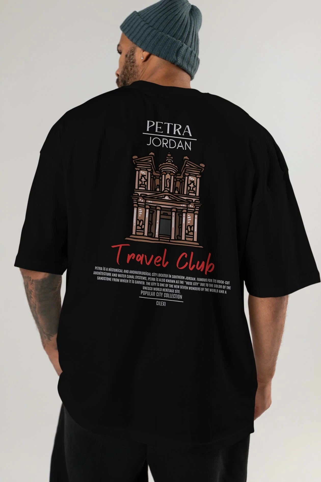 Petra Jordan Arka Baskılı Oversize t-shirt Erkek Kadın Pamuk Bisiklet Yaka tişort