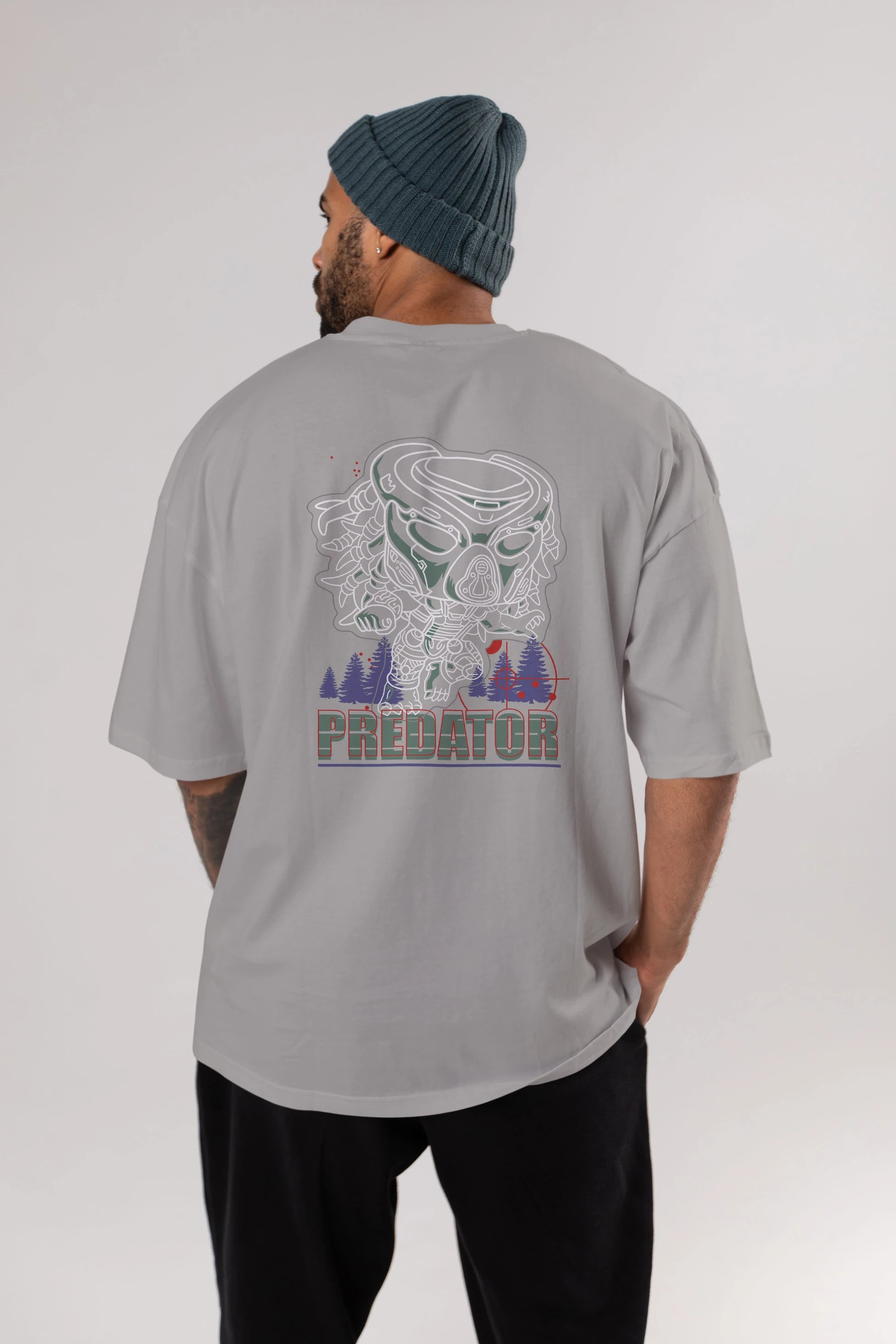 Predator Arka Baskılı Oversize t-shirt Erkek Kadın Unisex %100 Pamuk Bisiklet Yaka tişort