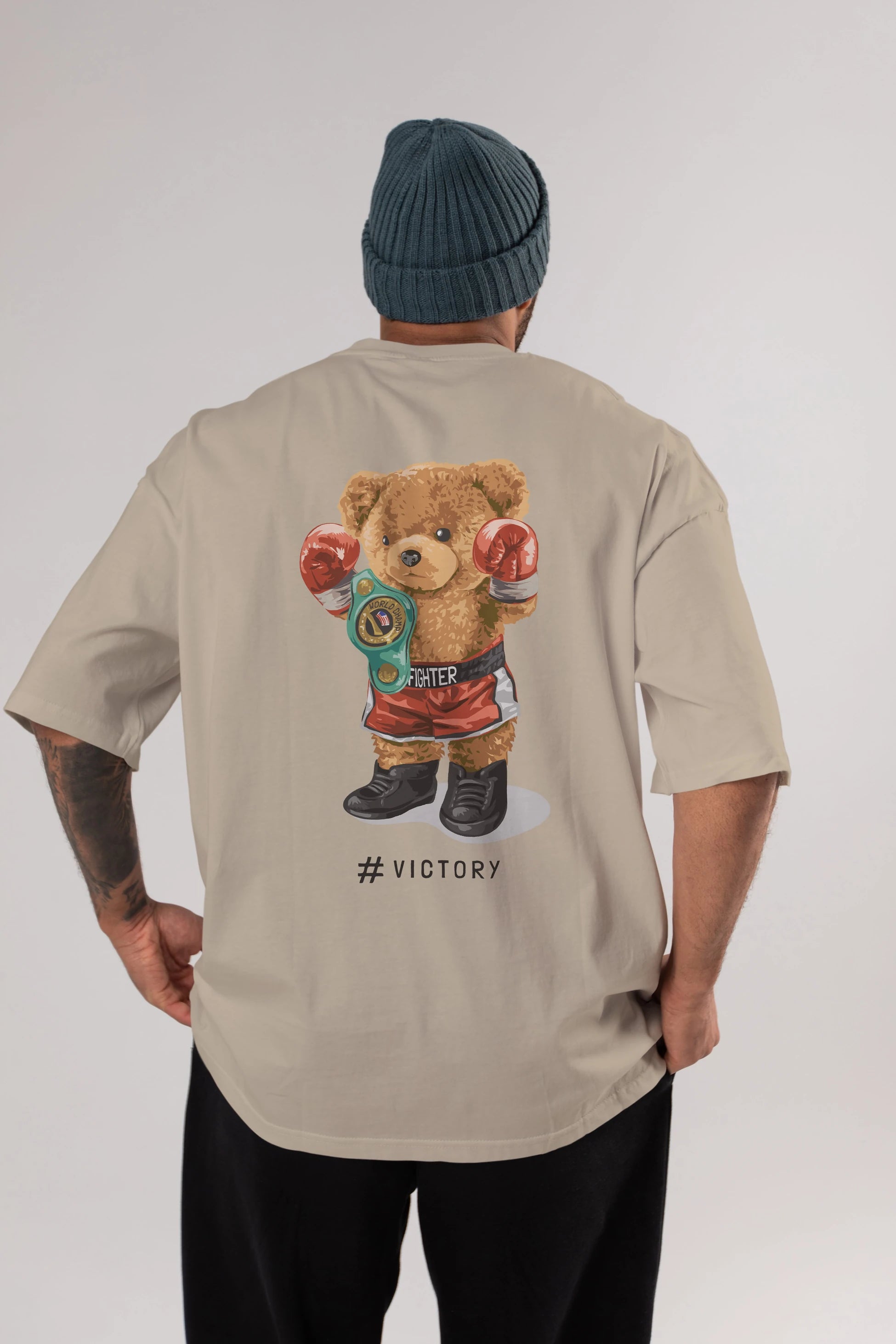 Teddy Bear Victory Arka Baskılı Oversize t-shirt Erkek Kadın Unisex %100 Pamuk