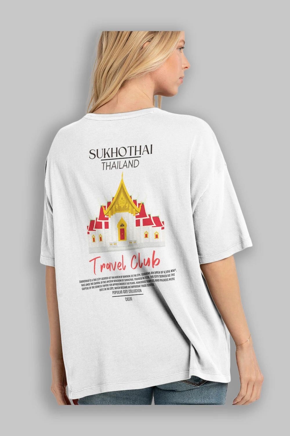 Sukhothai Thailand Arka Baskılı Oversize t-shirt Erkek Kadın Pamuk Bisiklet Yaka tişort